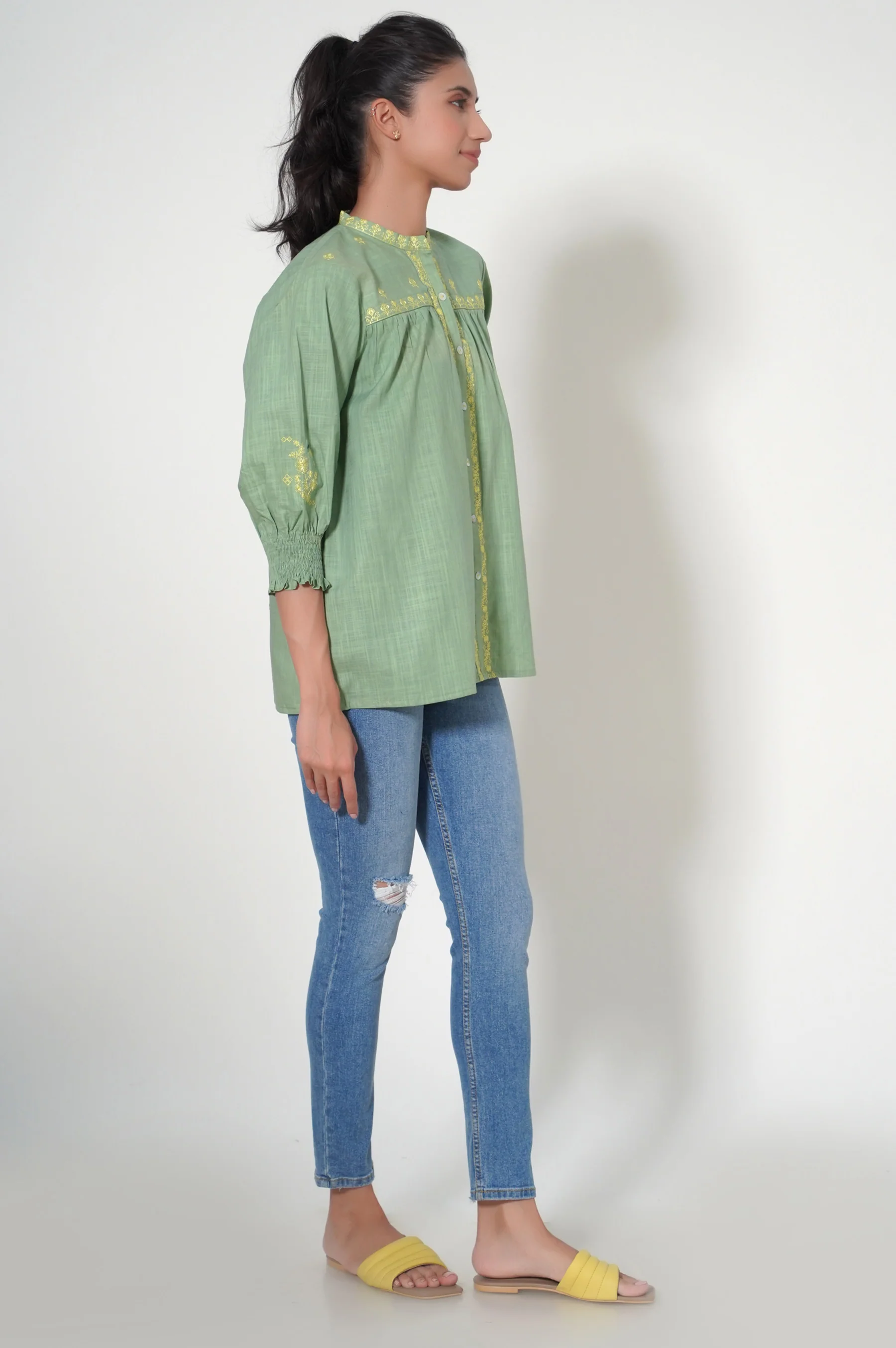 Stitched 1 Piece Cotton Slub Fusion Top - Image 4