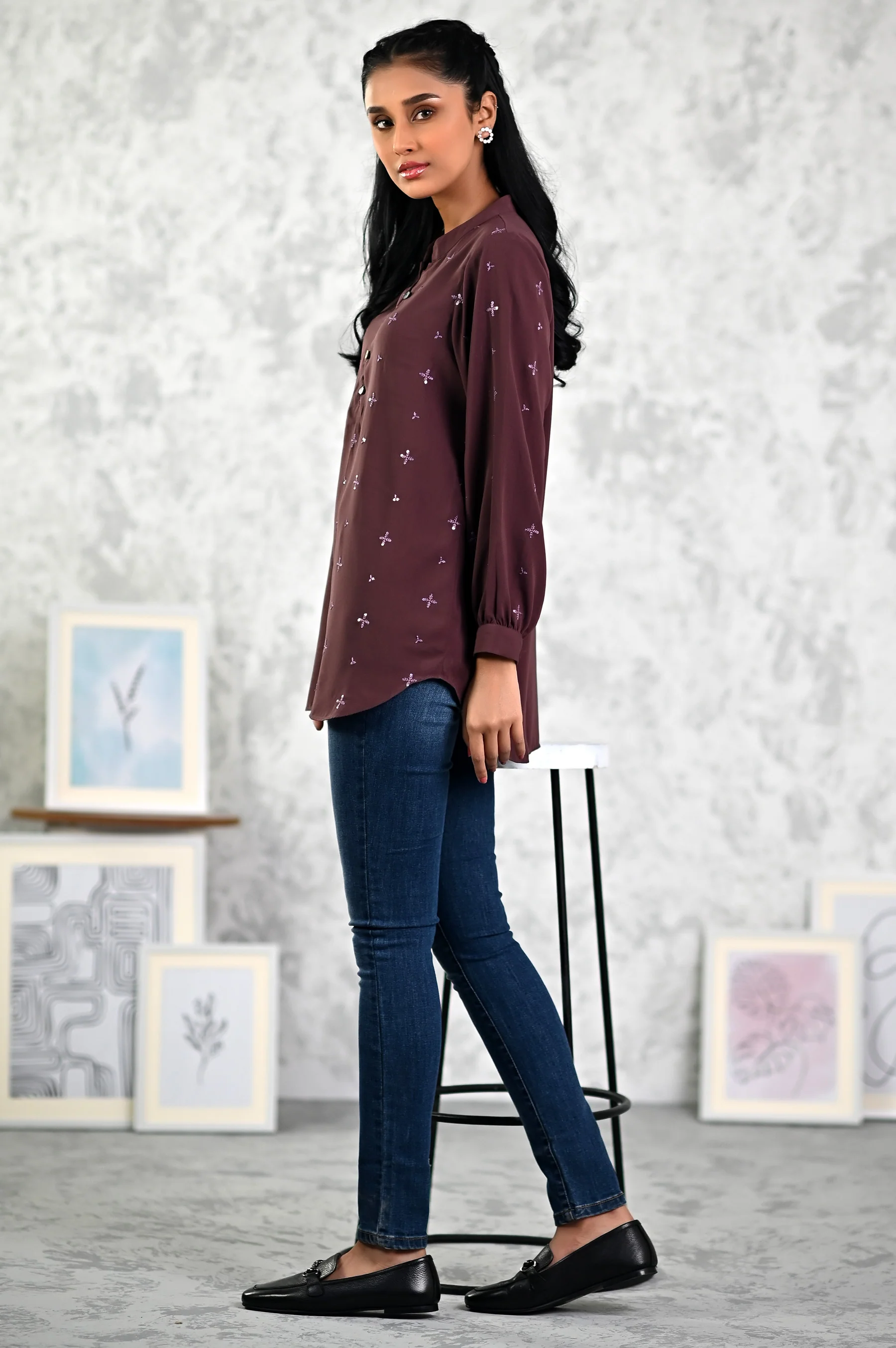 Stitched 1 Piece Embroidered Crepe Top - Image 3
