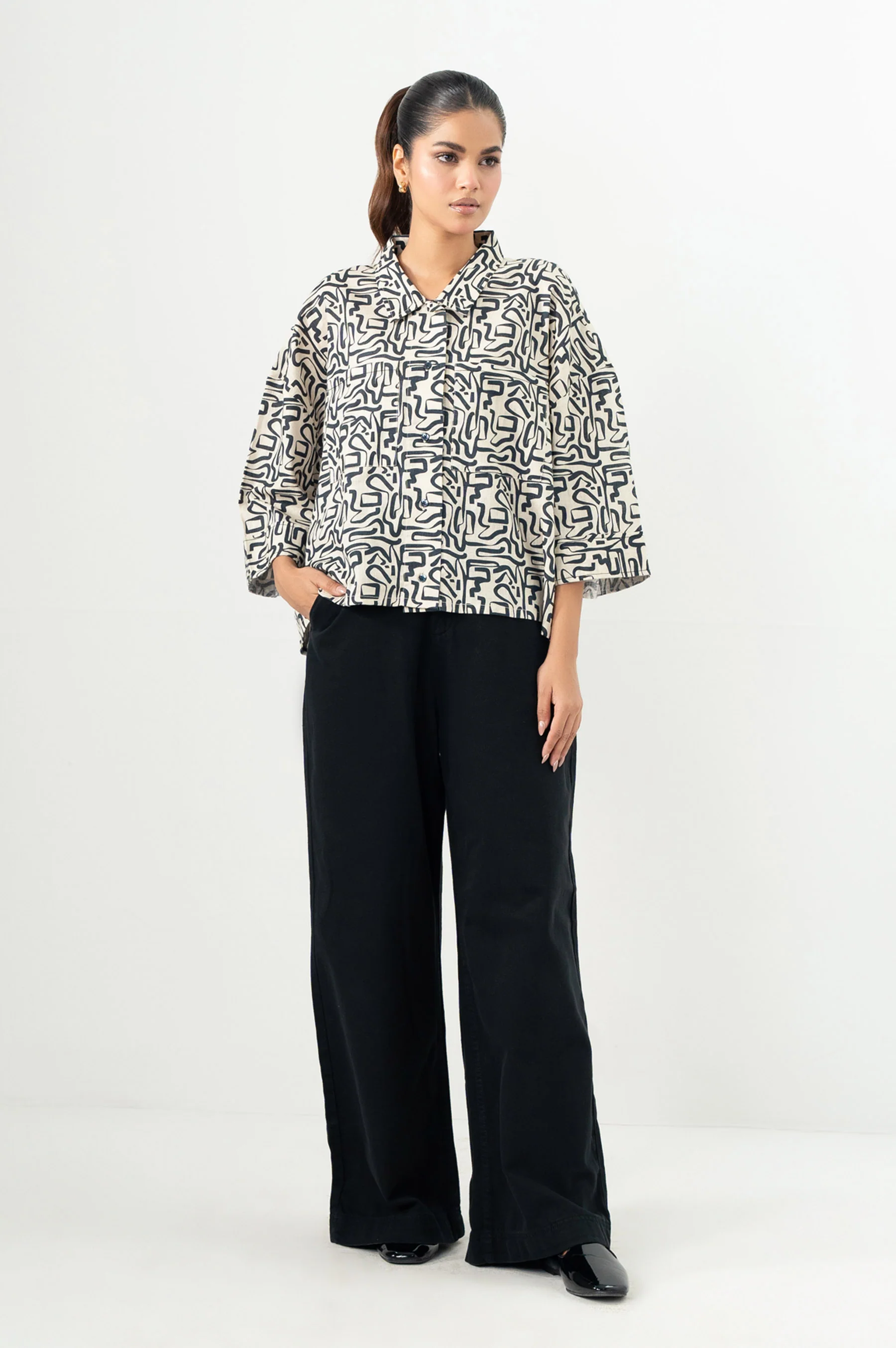 Stitched 1 Piece Digital Printed Stylized Cross Hatch Khaddar Top - Image 4