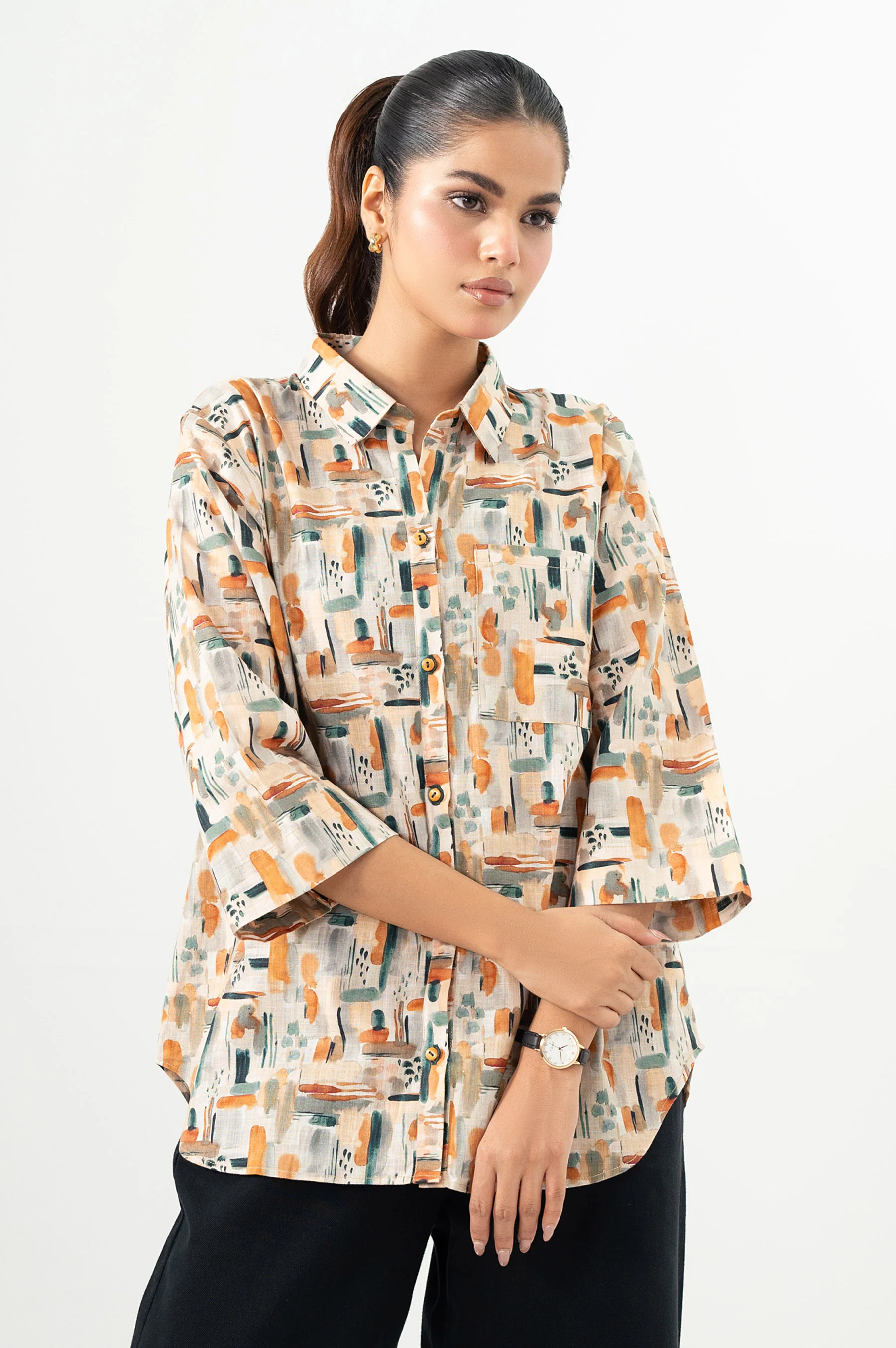 Stitched 1 Piece Digital Printed Stylized Cross Hatch Khaddar Top - Image 2
