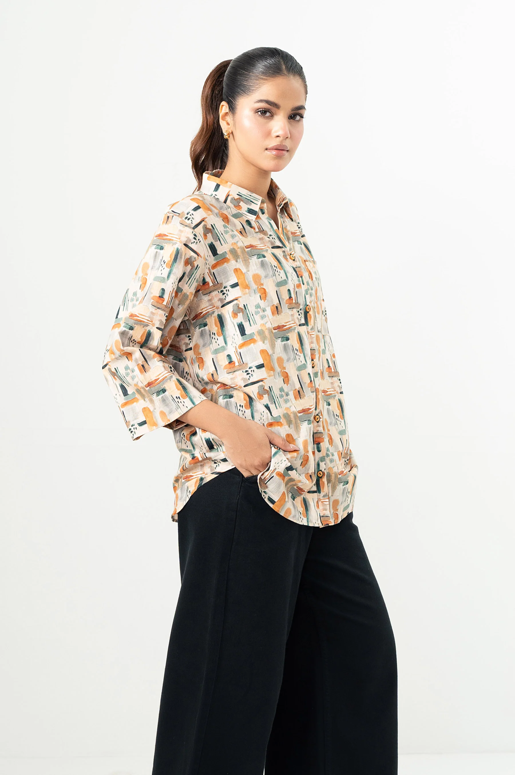 Stitched 1 Piece Digital Printed Stylized Cross Hatch Khaddar Top - Image 3