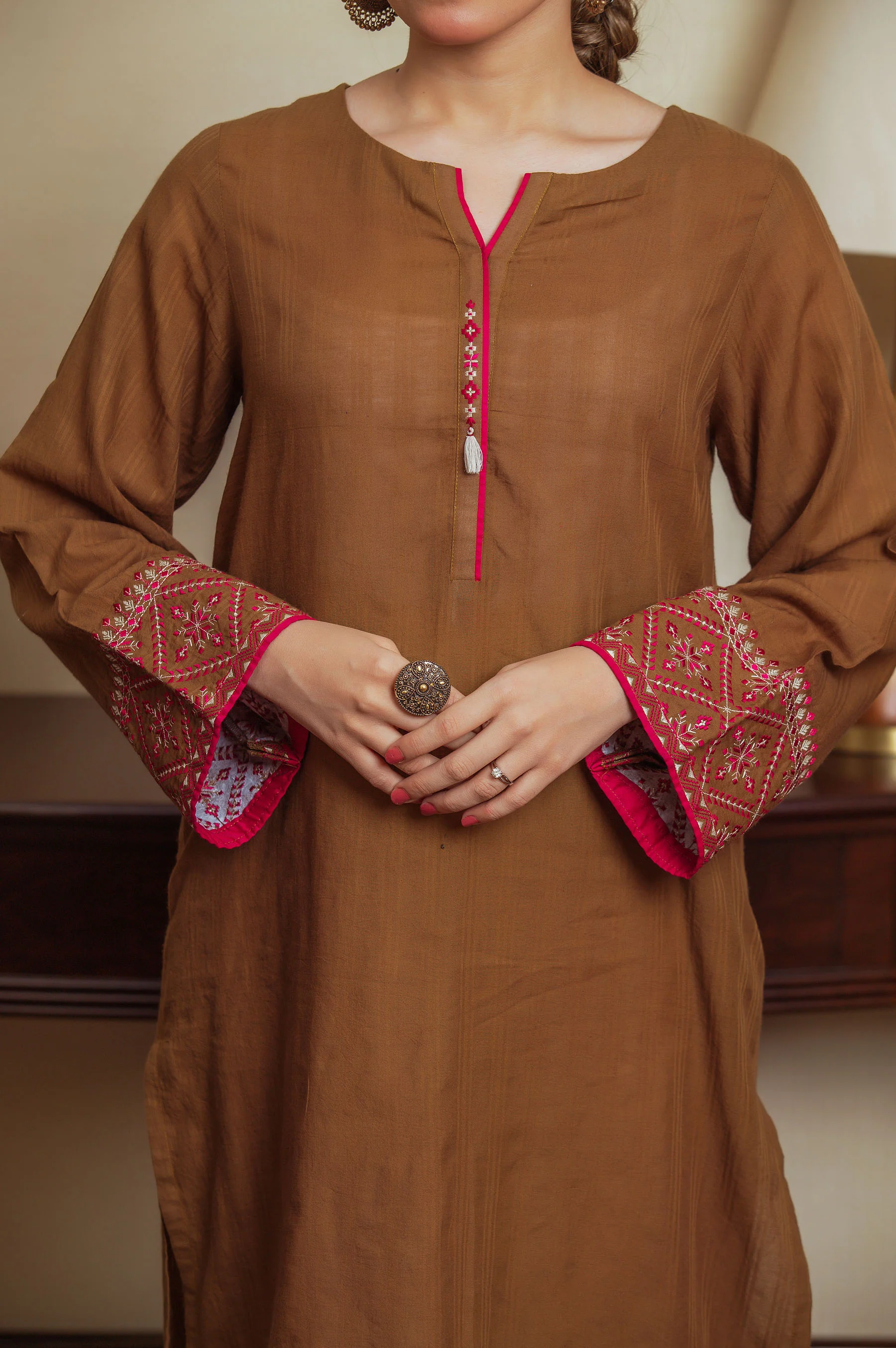 Stitched 1 Piece Embroidered Dyed Doria Shirt - Image 4