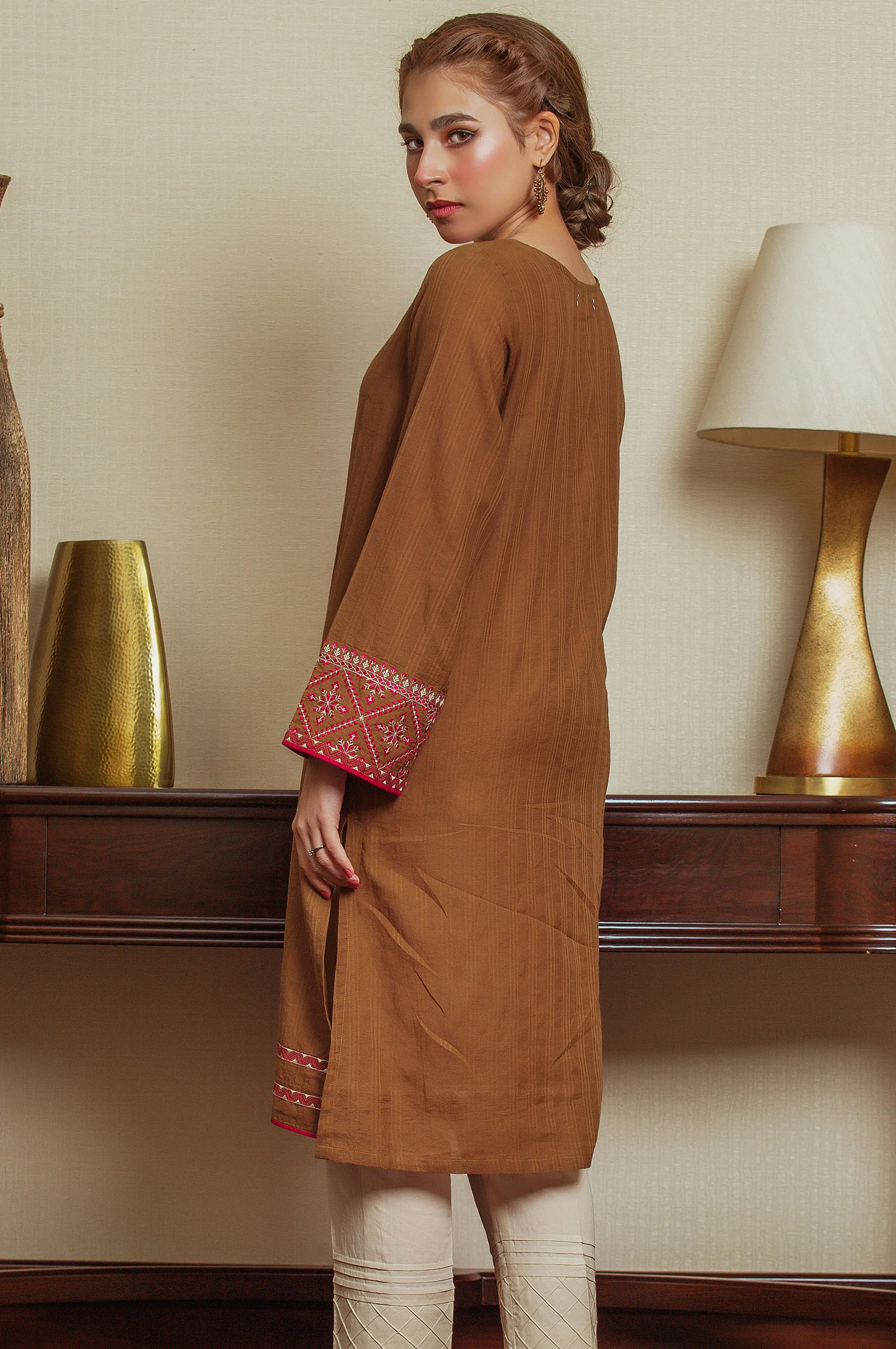 Stitched 1 Piece Embroidered Dyed Doria Shirt - Image 5