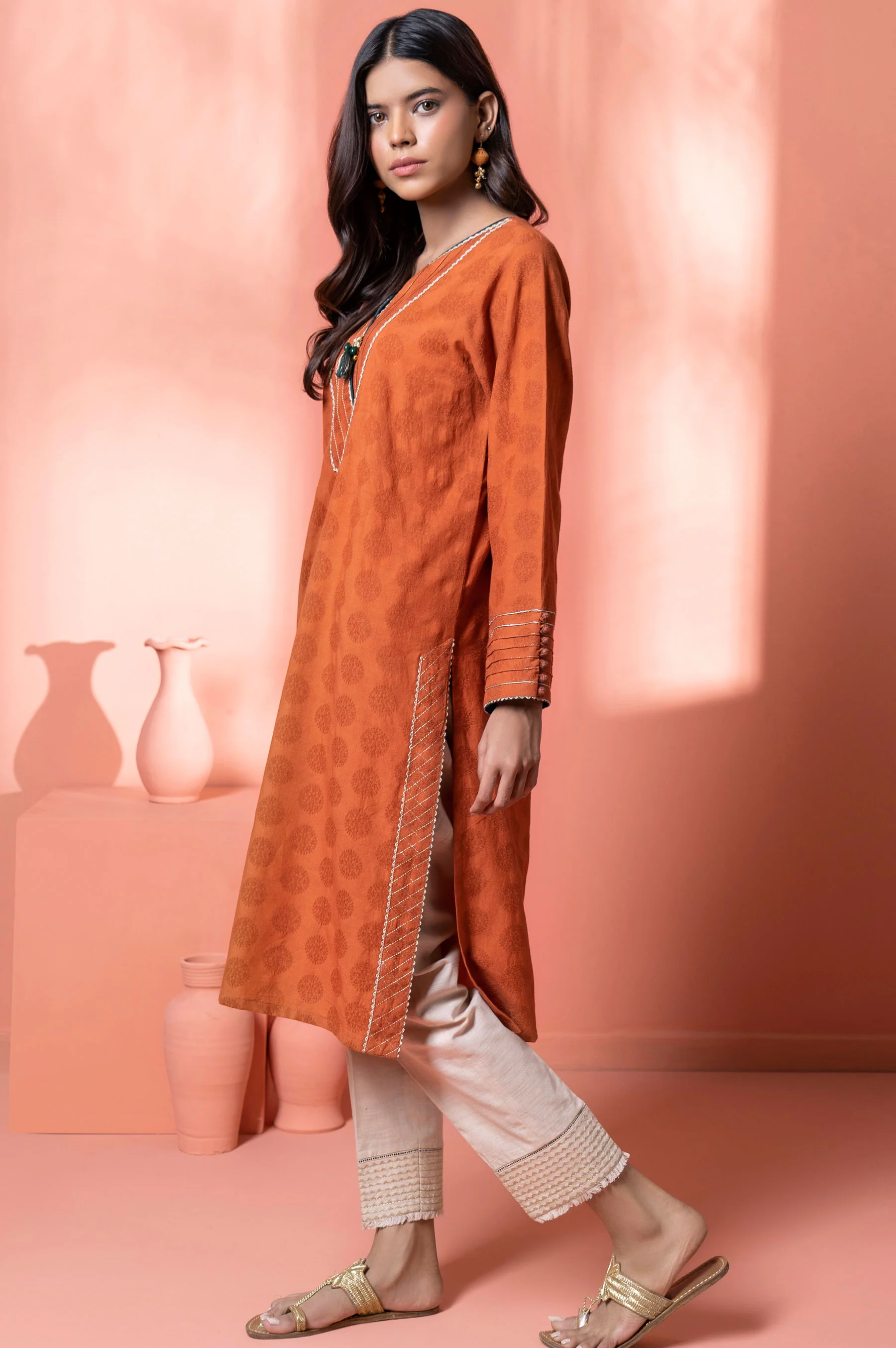 Stitched 1 Piece Embellished Jacquard Kurta - Image 3