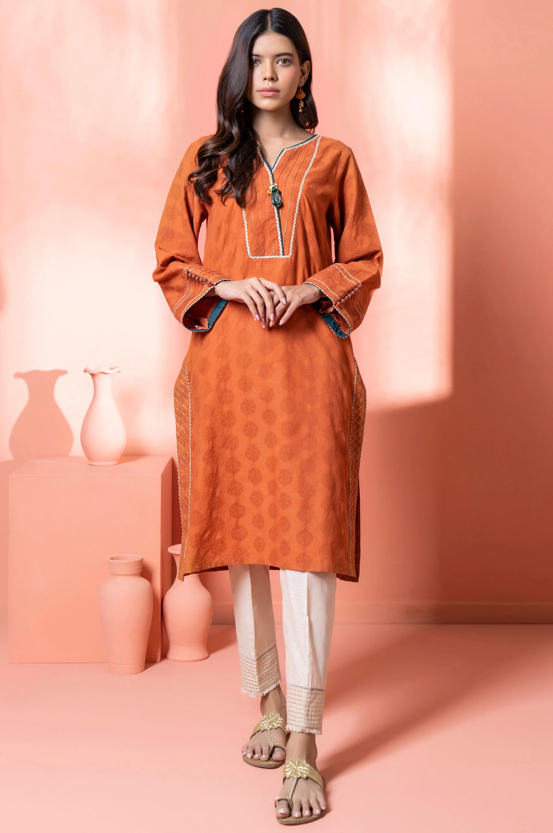 Stitched 1 Piece Embellished Jacquard Kurta - Image 4
