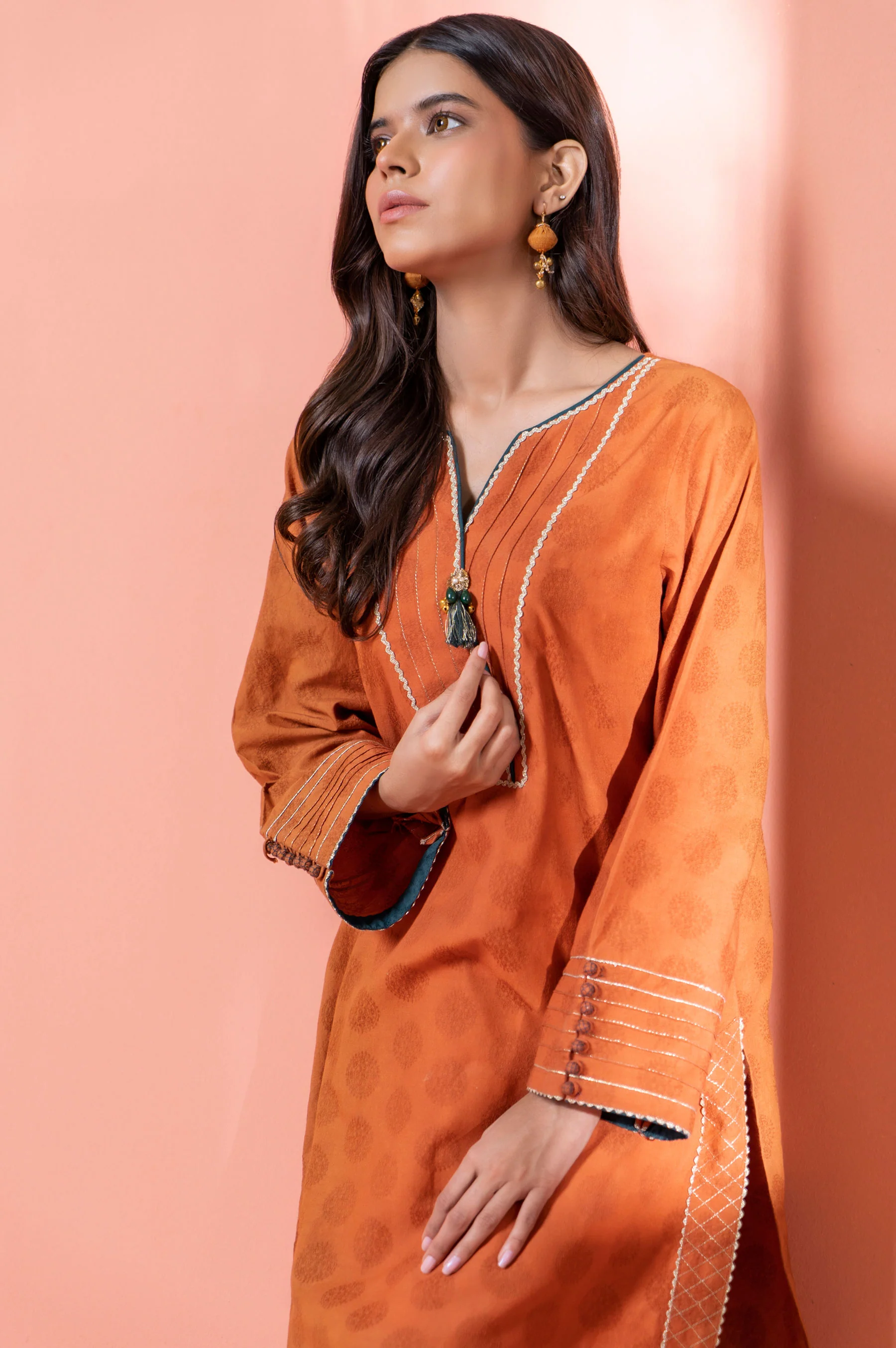 Stitched 1 Piece Embellished Jacquard Kurta - Image 5