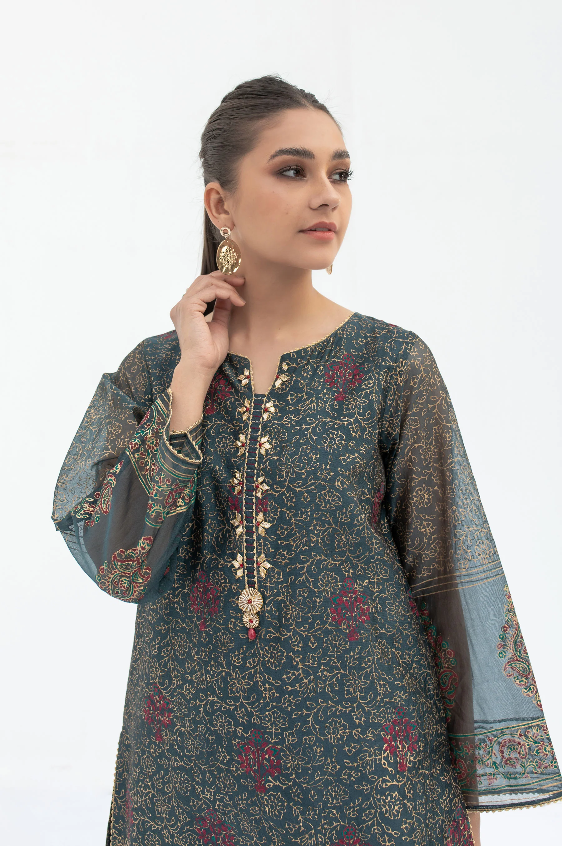 Stitched 1 Piece Embellished Block Print Organza Shirt