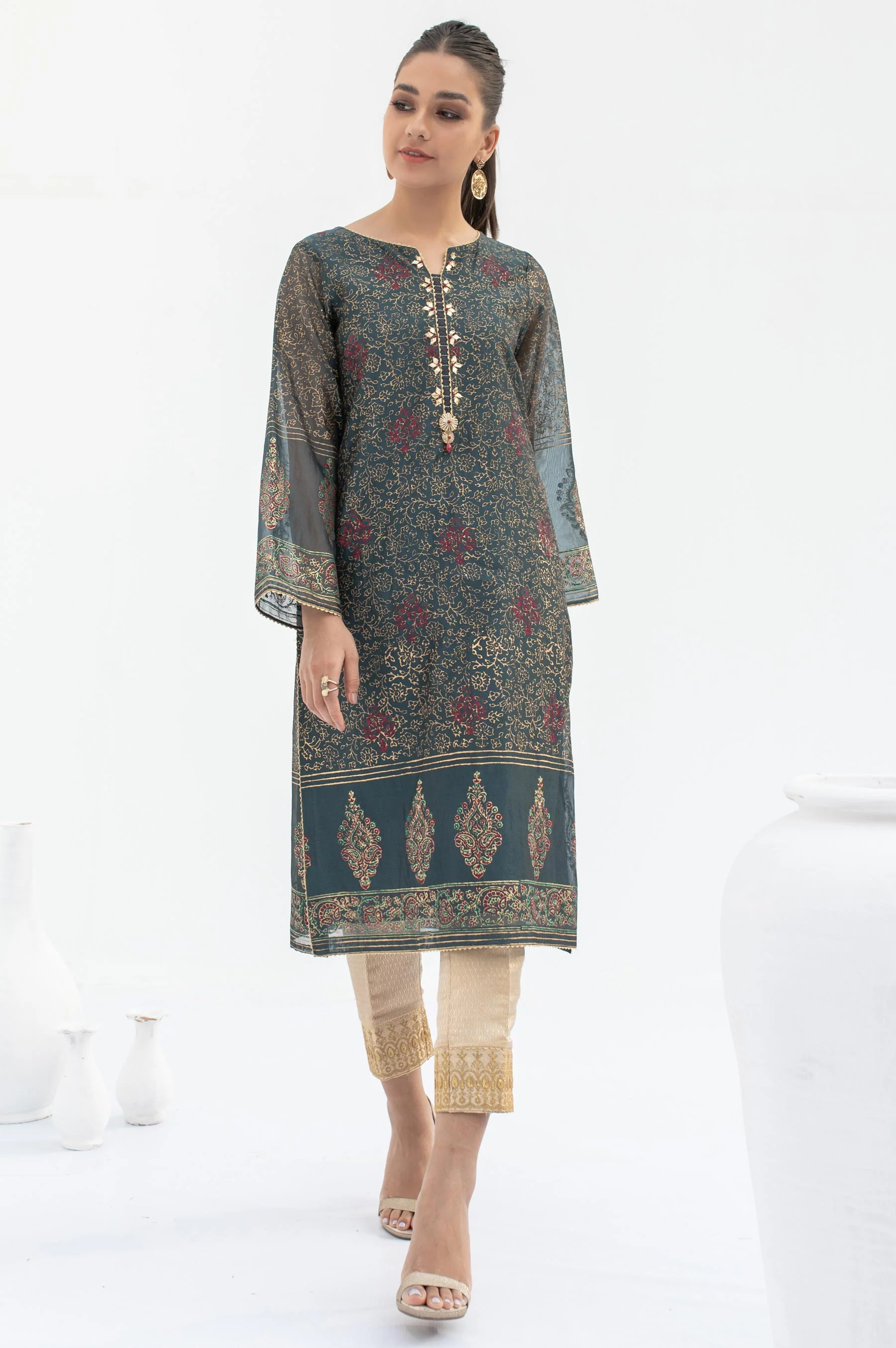 Stitched 1 Piece Embellished Block Print Organza Shirt - Image 2