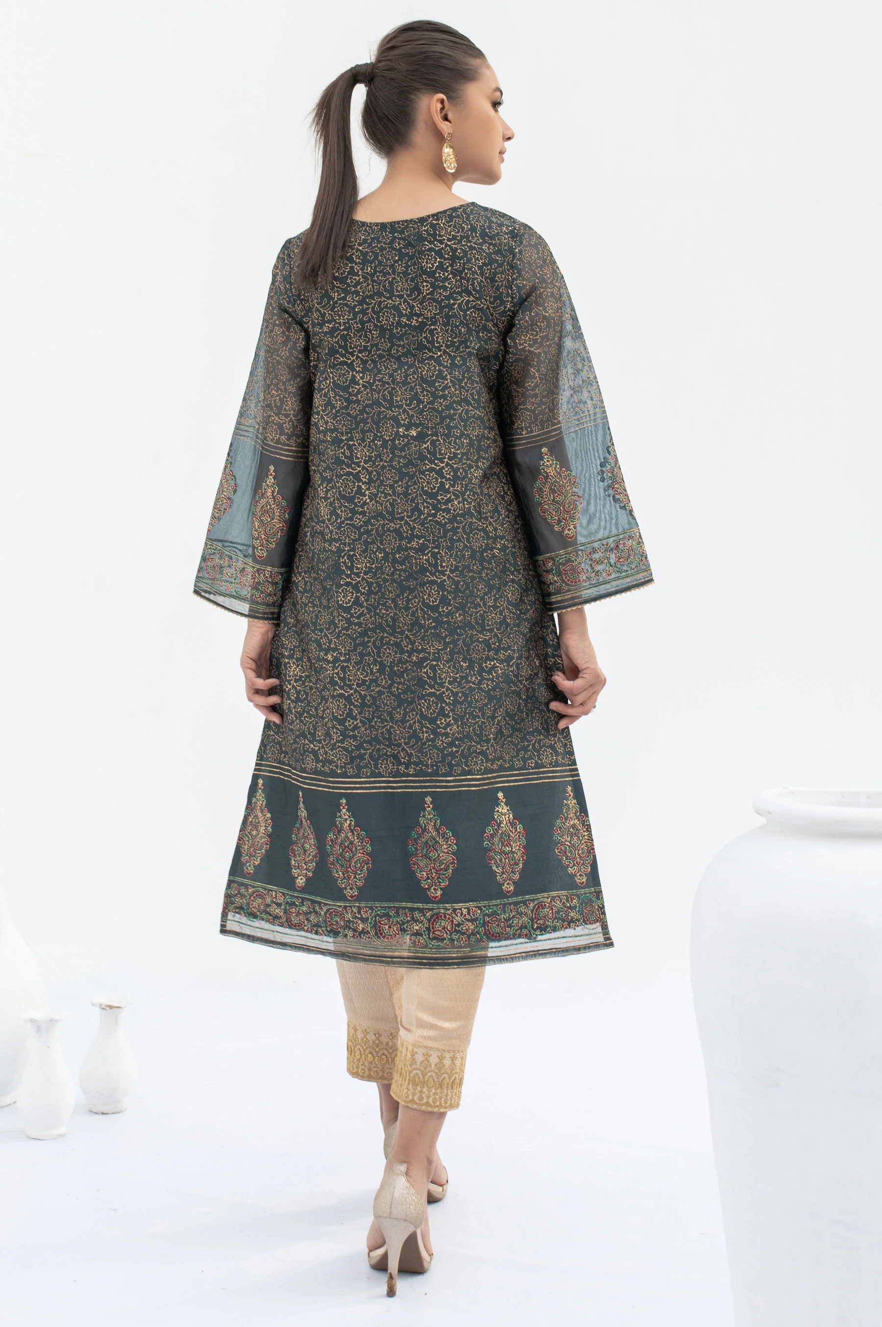 Stitched 1 Piece Embellished Block Print Organza Shirt - Image 3