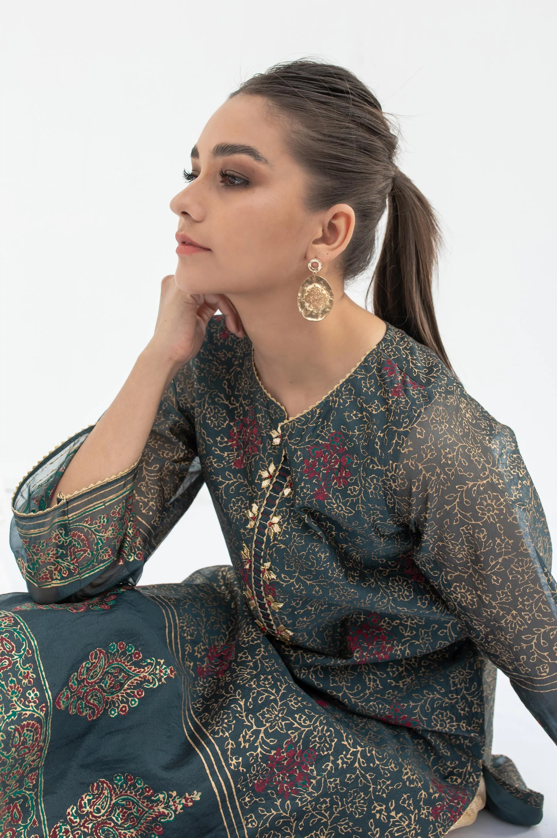 Stitched 1 Piece Embellished Block Print Organza Shirt - Image 4