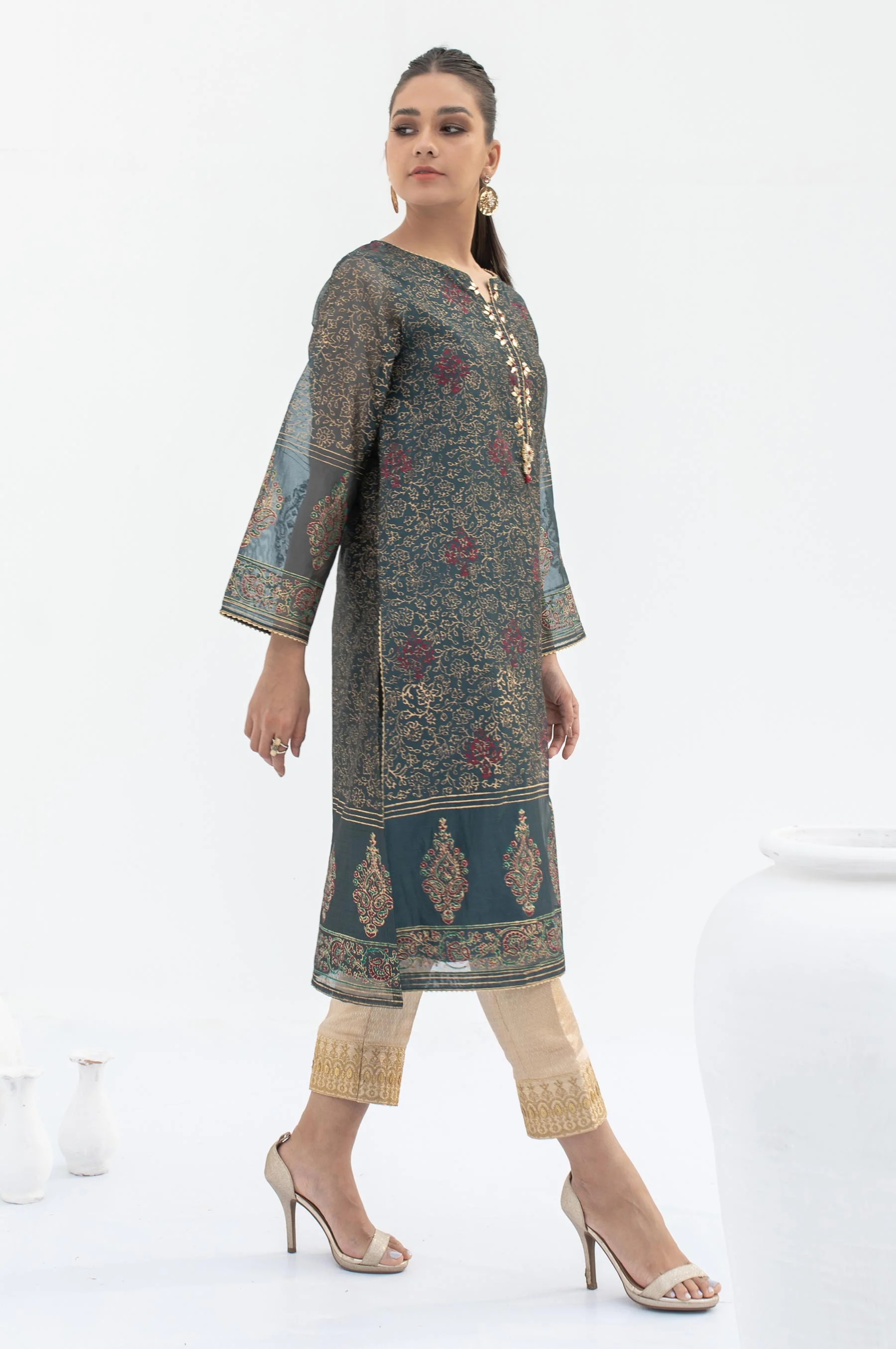 Stitched 1 Piece Embellished Block Print Organza Shirt - Image 5