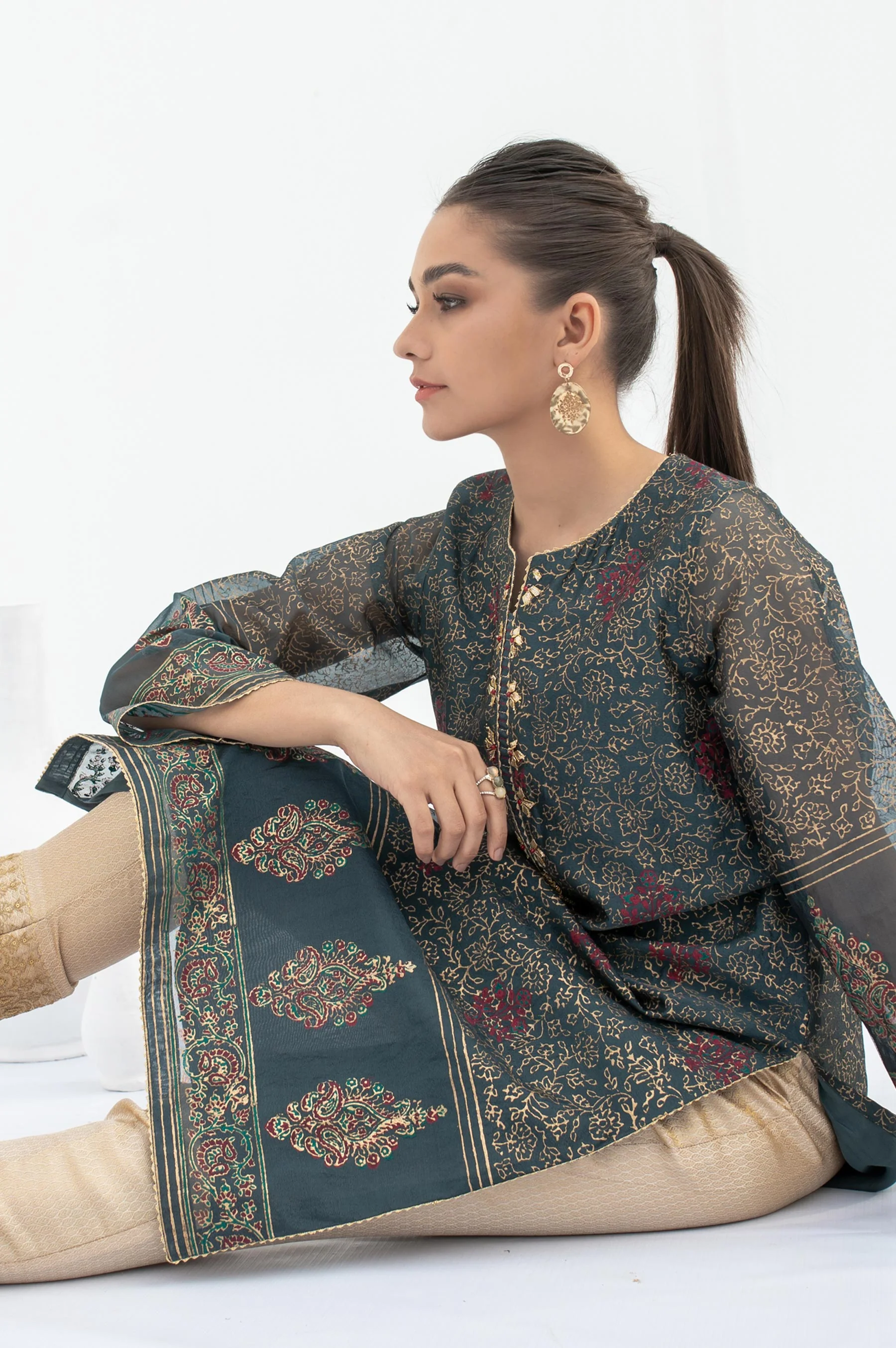 Stitched 1 Piece Embellished Block Print Organza Shirt - Image 6