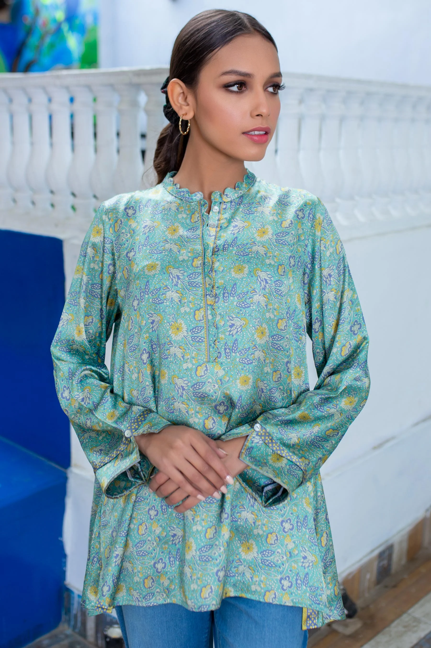 Stitched 1 Piece Embellished Satin Shirt