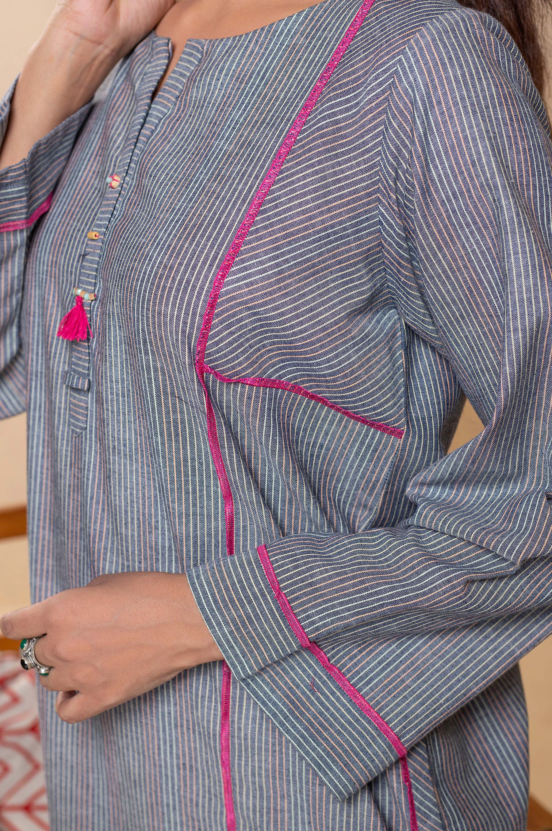 Stitched 1 Piece Embellished Yarn Dyed Striped Top - Image 4