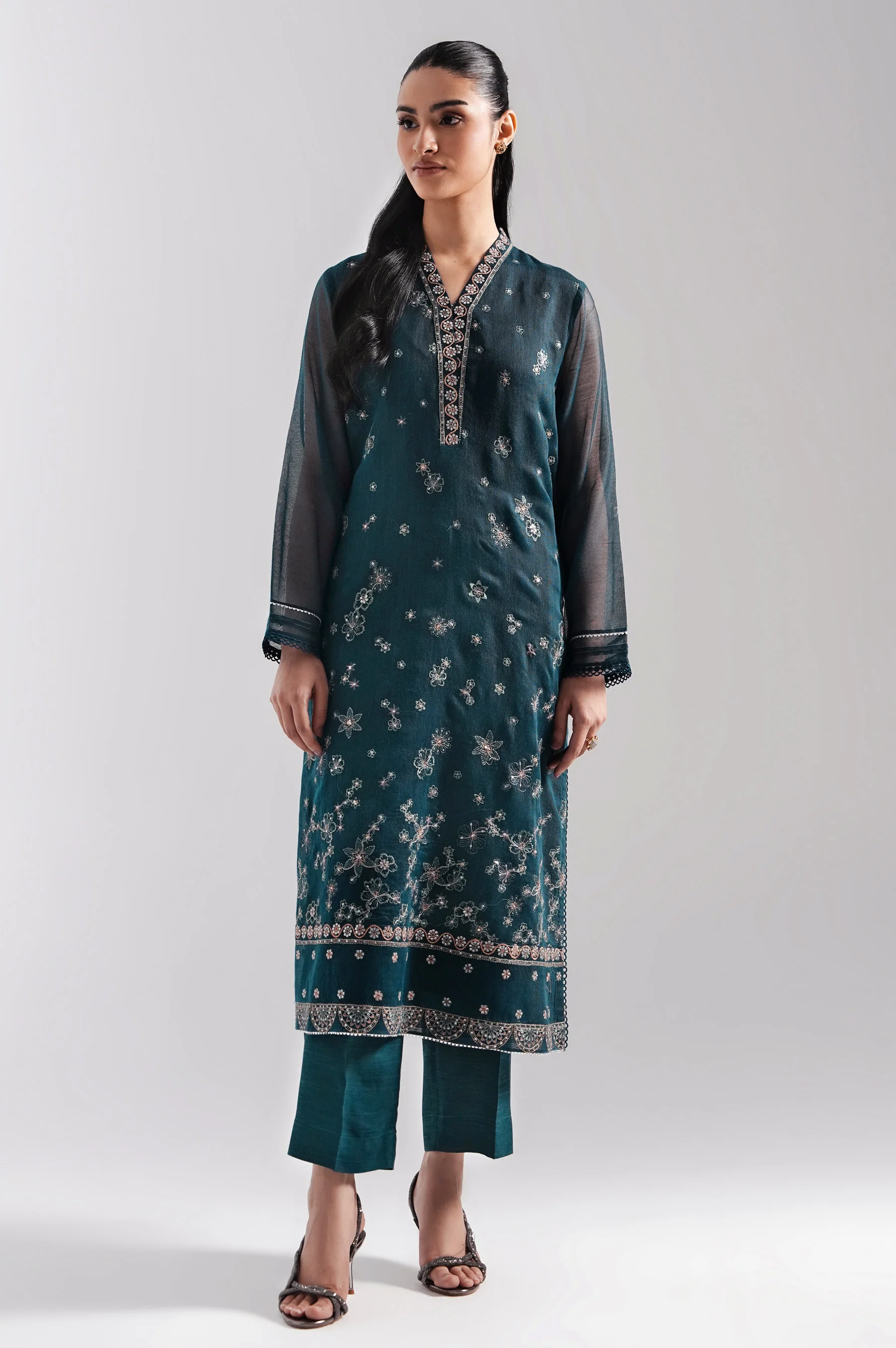 STITCHED EMBROIDERED KHADDI NET SHIRT BOTTOM - Image 6