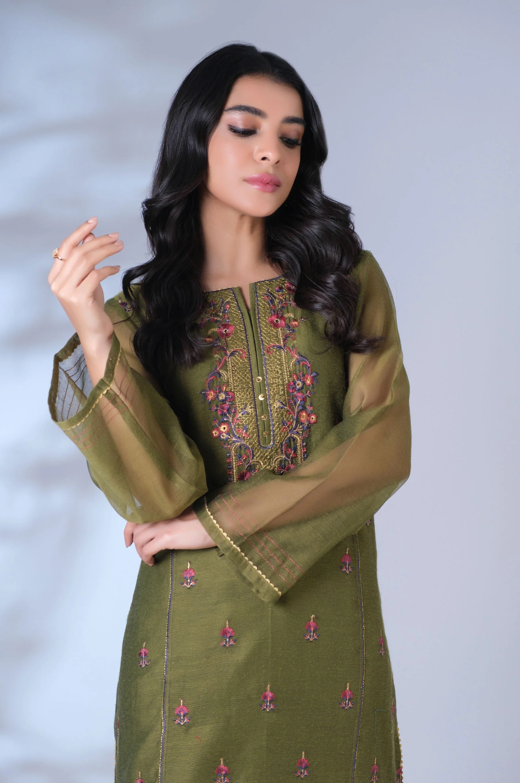 Stitched 2 Piece Khaddi Net Embroidered Outfit - Image 4