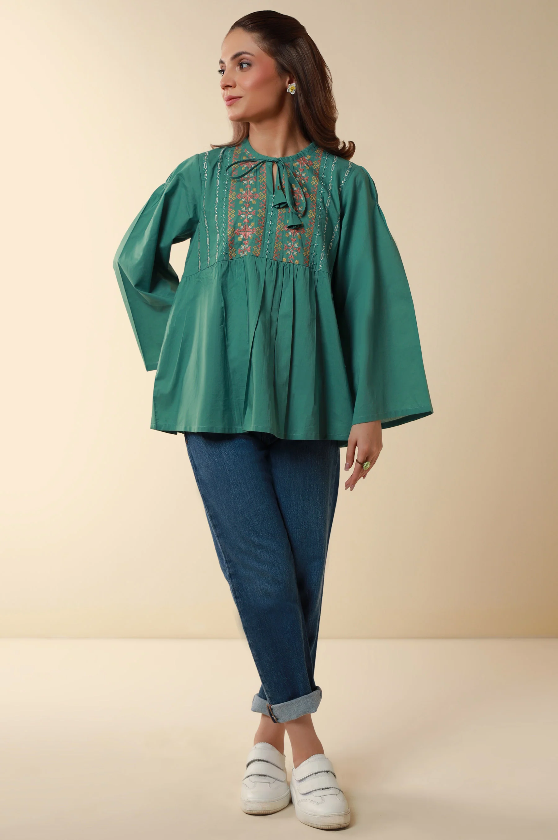 Stitched 1 Piece Embroidered Cambric Fusion Top - Image 2