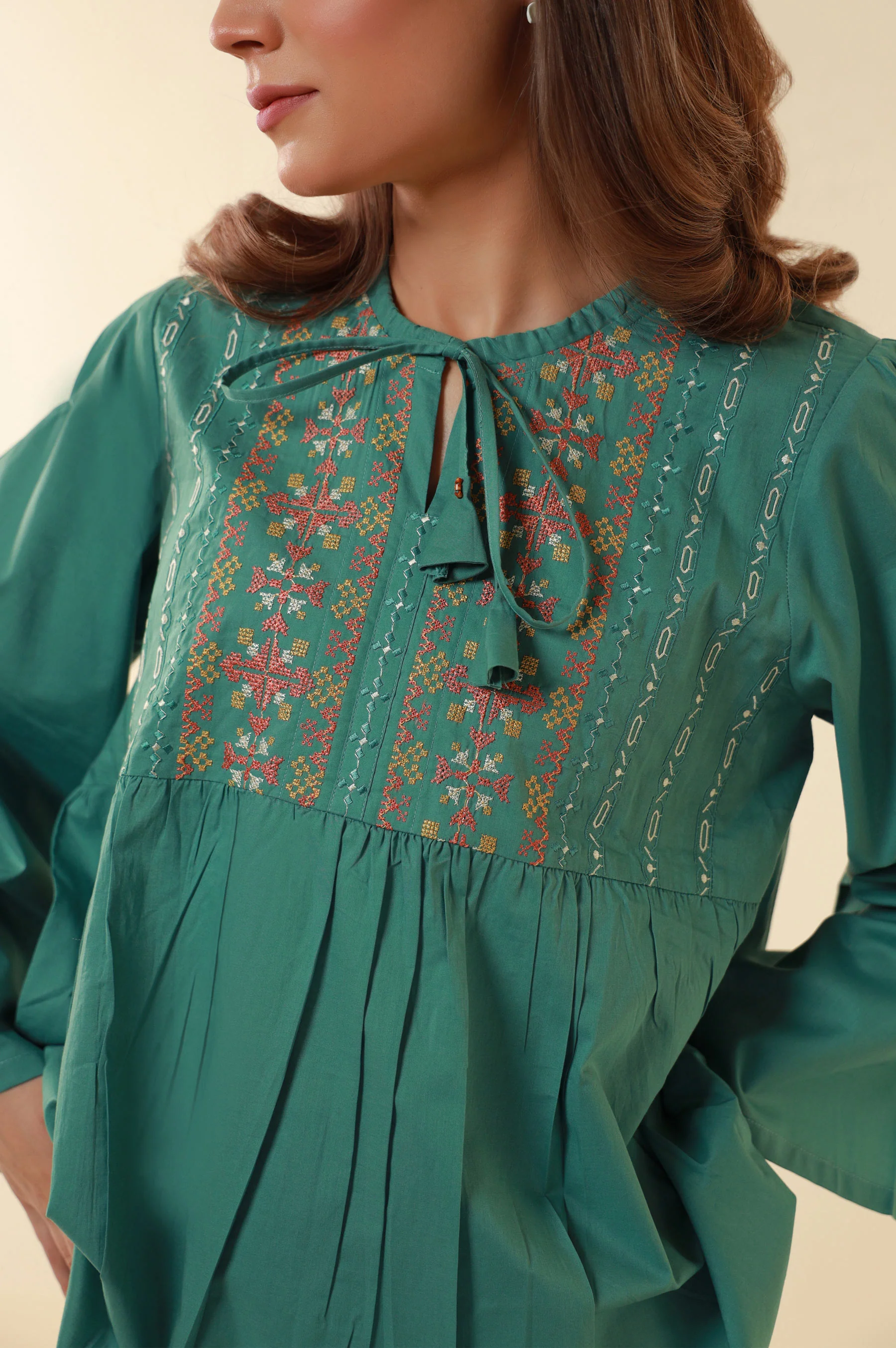 Stitched 1 Piece Embroidered Cambric Fusion Top - Image 3