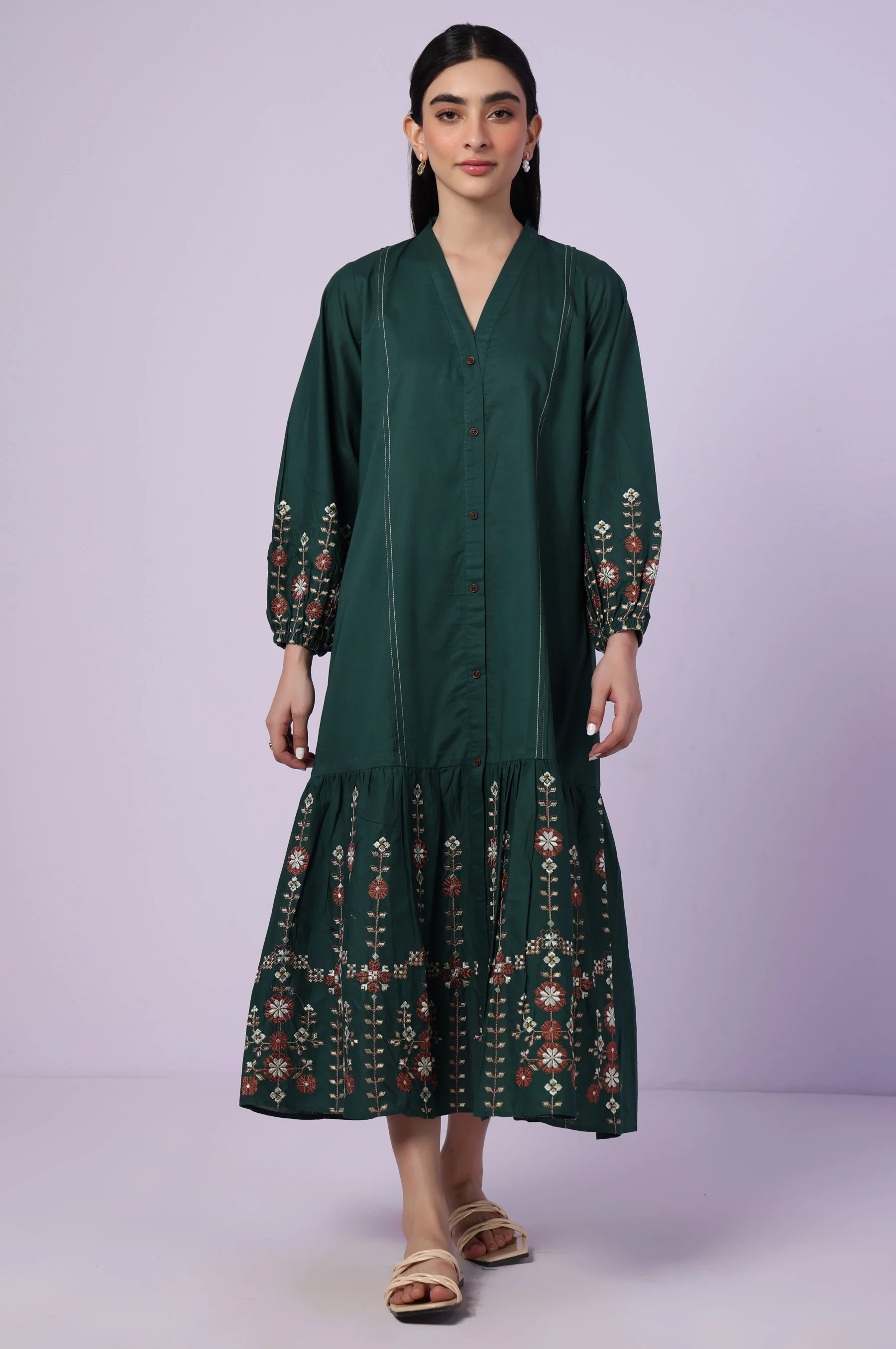 Stitched 1 Piece Embroidered Cambric Long Dress