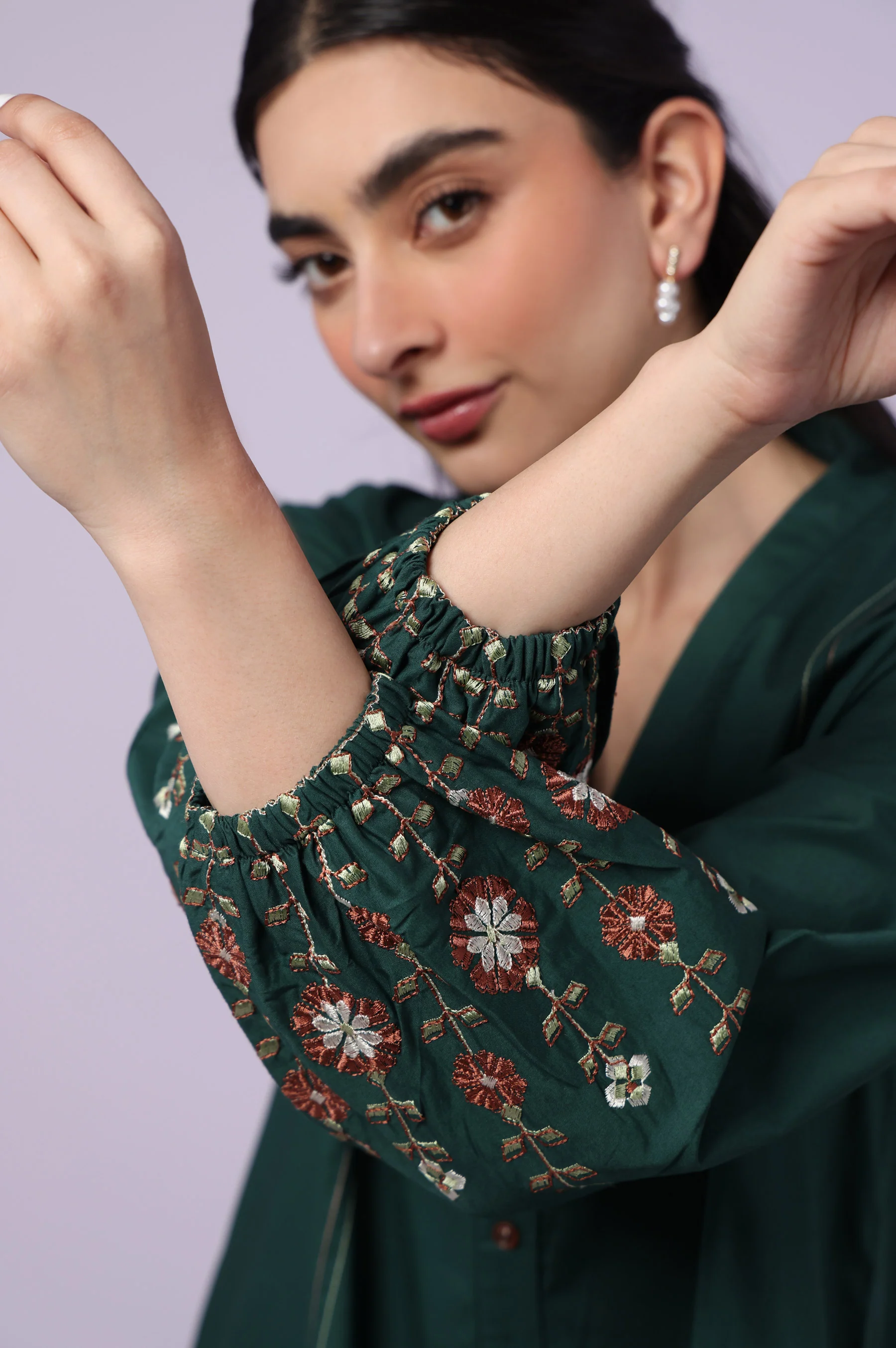 Stitched 1 Piece Embroidered Cambric Long Dress - Image 5