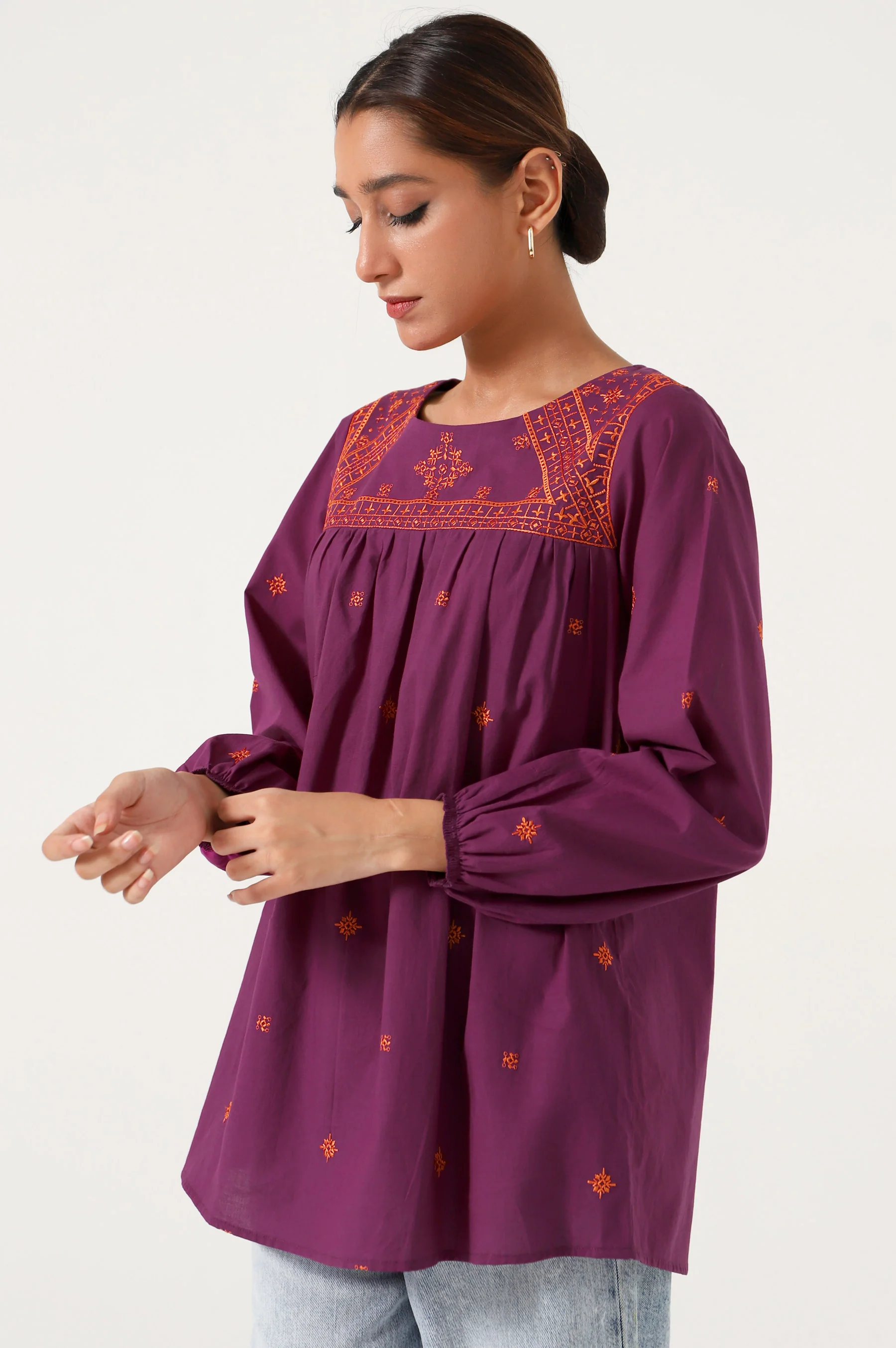 Stitched 1 Piece Embroidered Cambric Fusion Top - Image 2