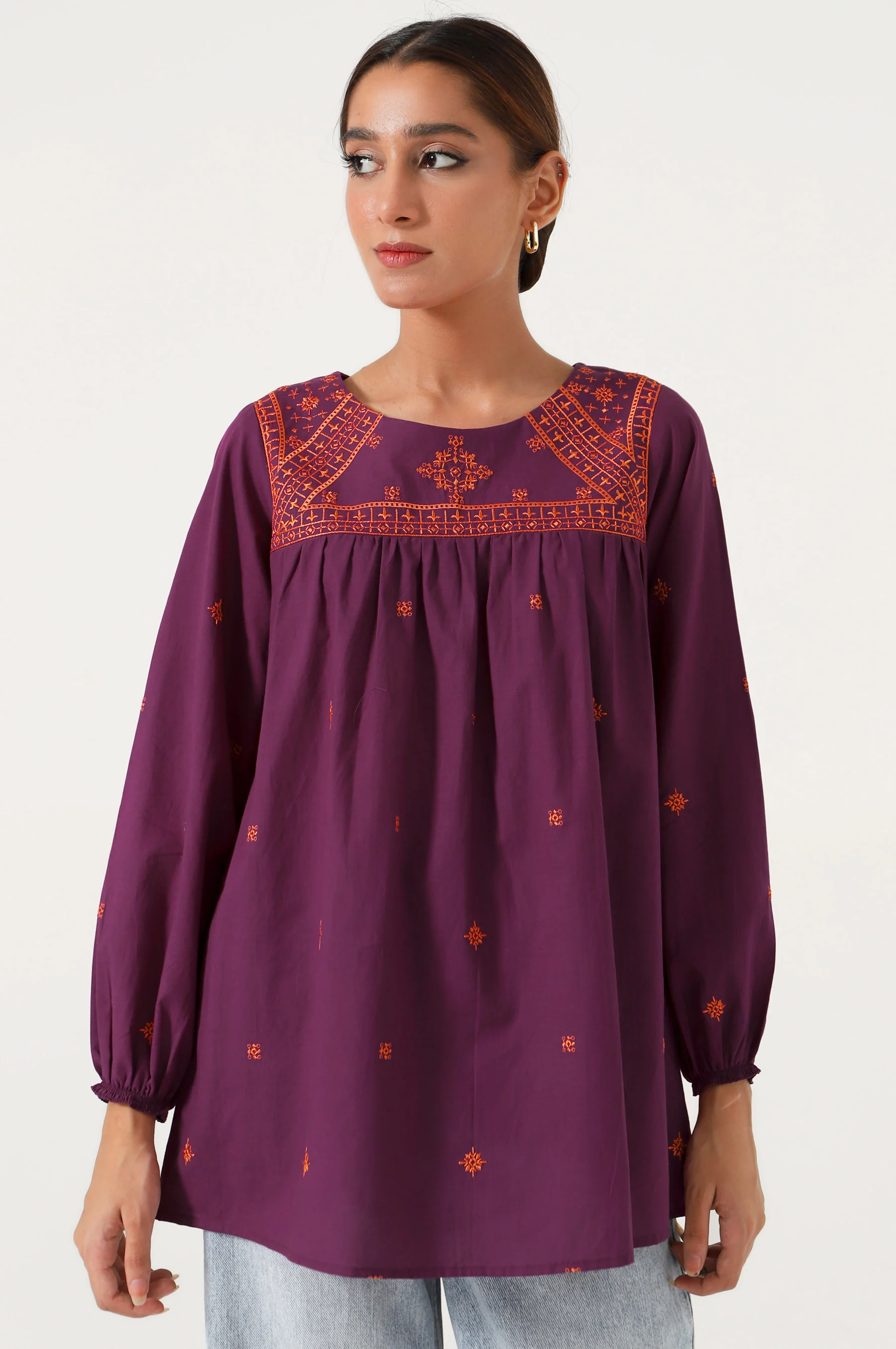 Stitched 1 Piece Embroidered Cambric Fusion Top - Image 3
