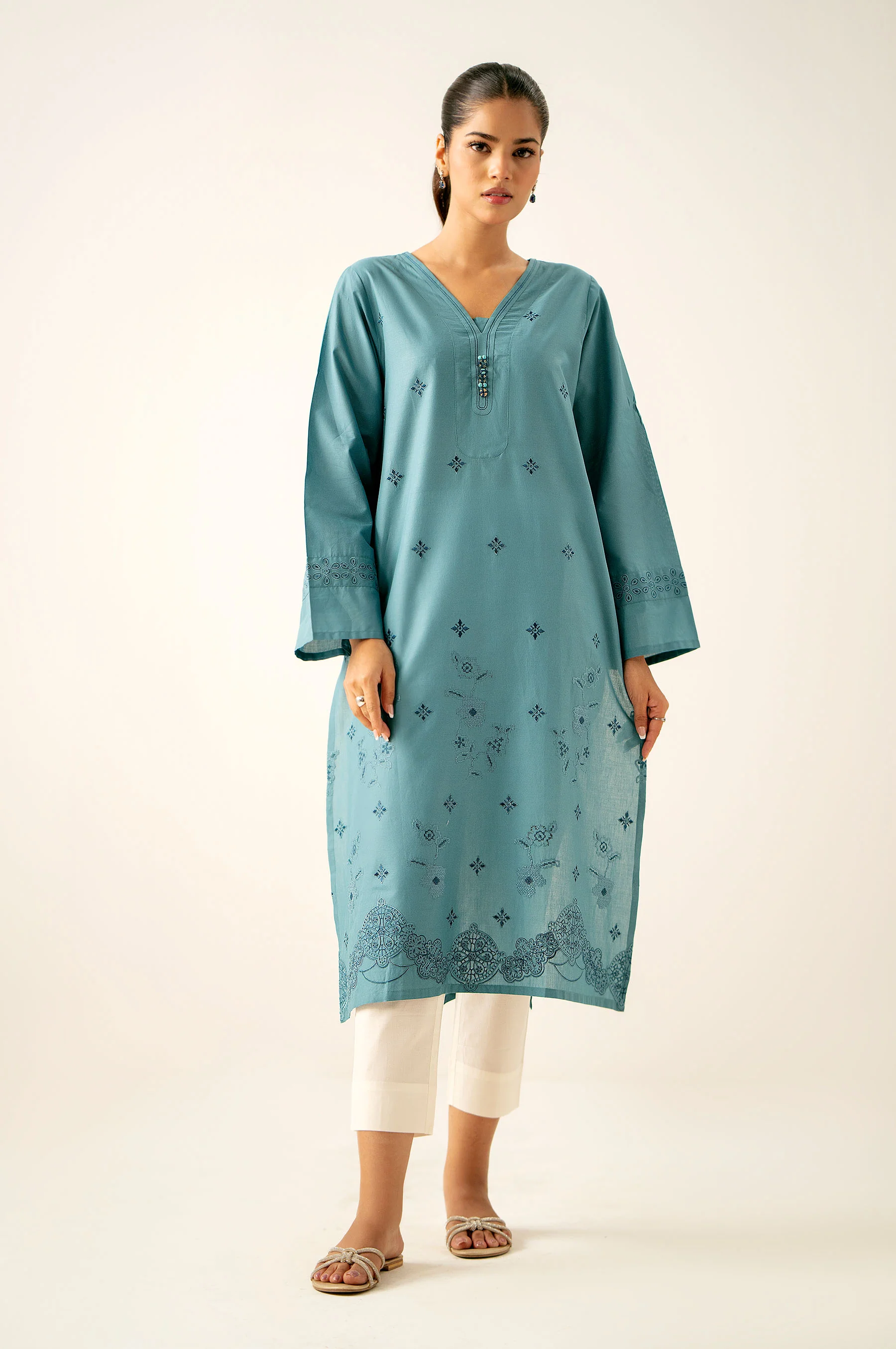 Stitched 1 Piece Embroidered Cambric Shirt - Image 5
