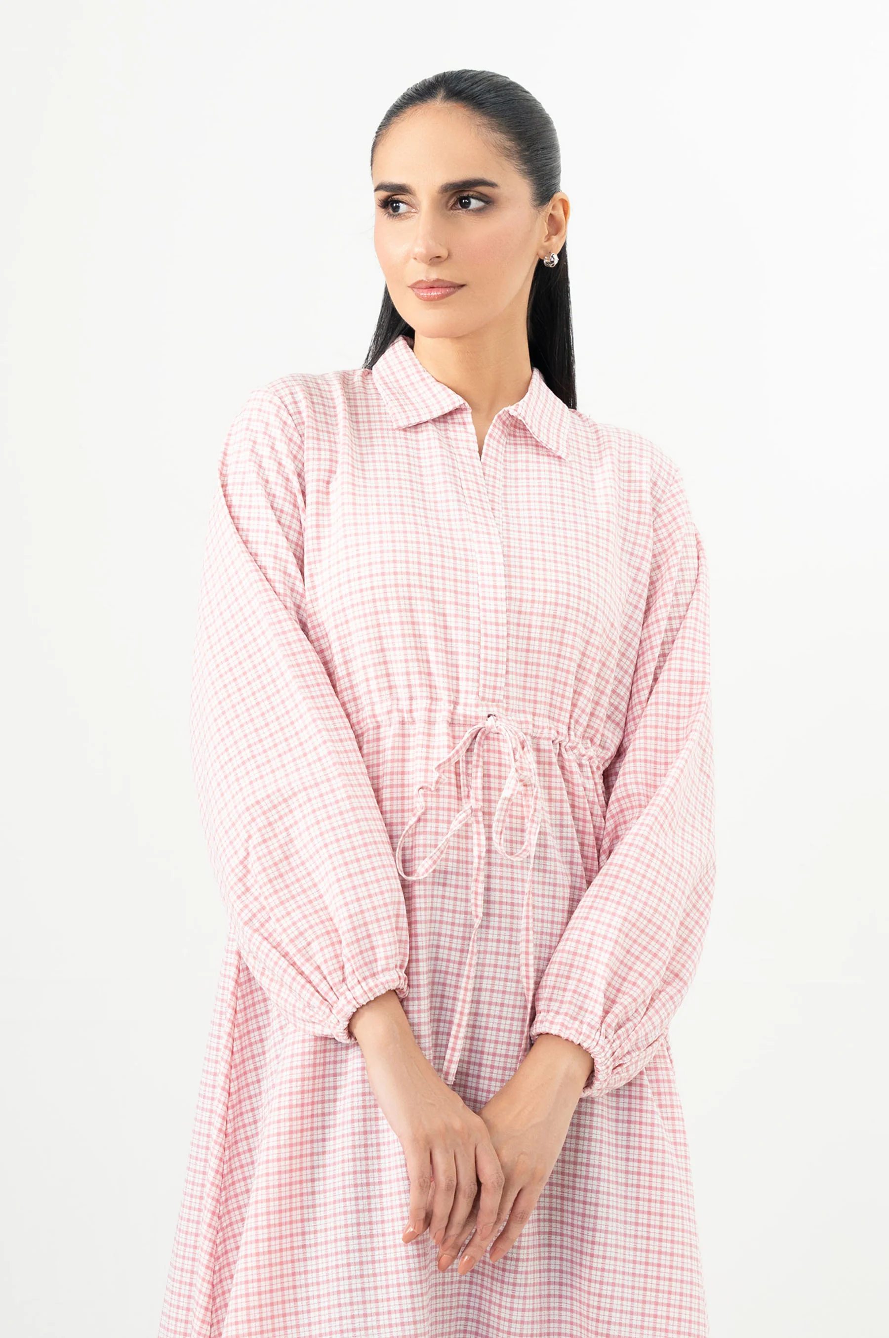 Stitched 1 Piece Yarn Dyed Checks Embroidered Long Dress - Image 2