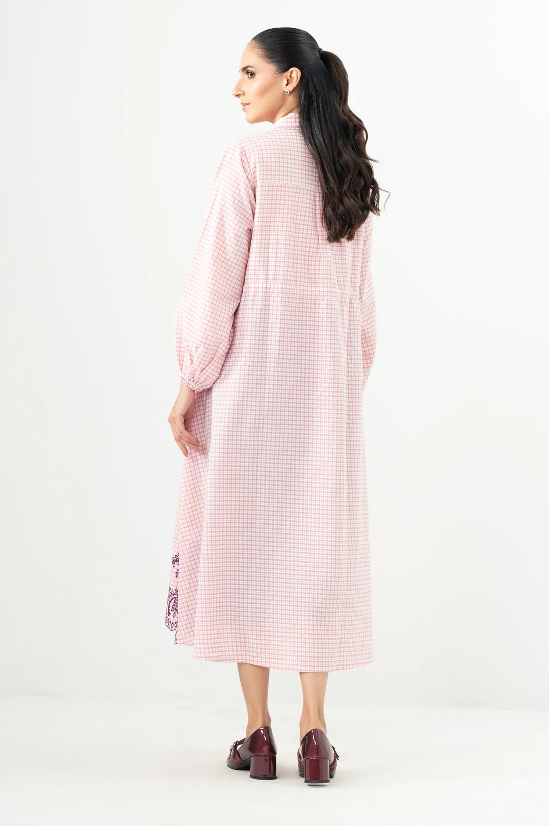 Stitched 1 Piece Yarn Dyed Checks Embroidered Long Dress - Image 3