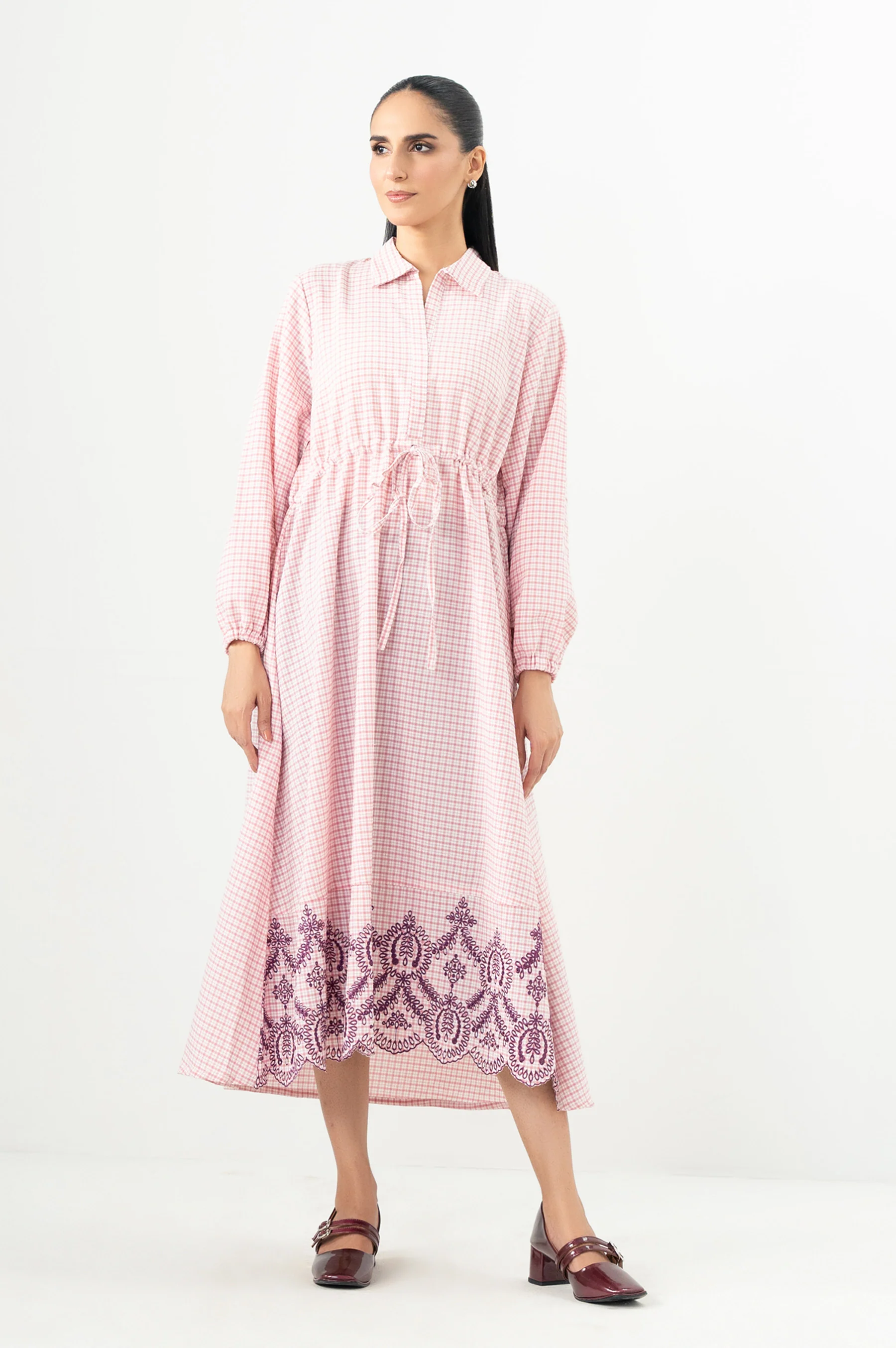 Stitched 1 Piece Yarn Dyed Checks Embroidered Long Dress - Image 5