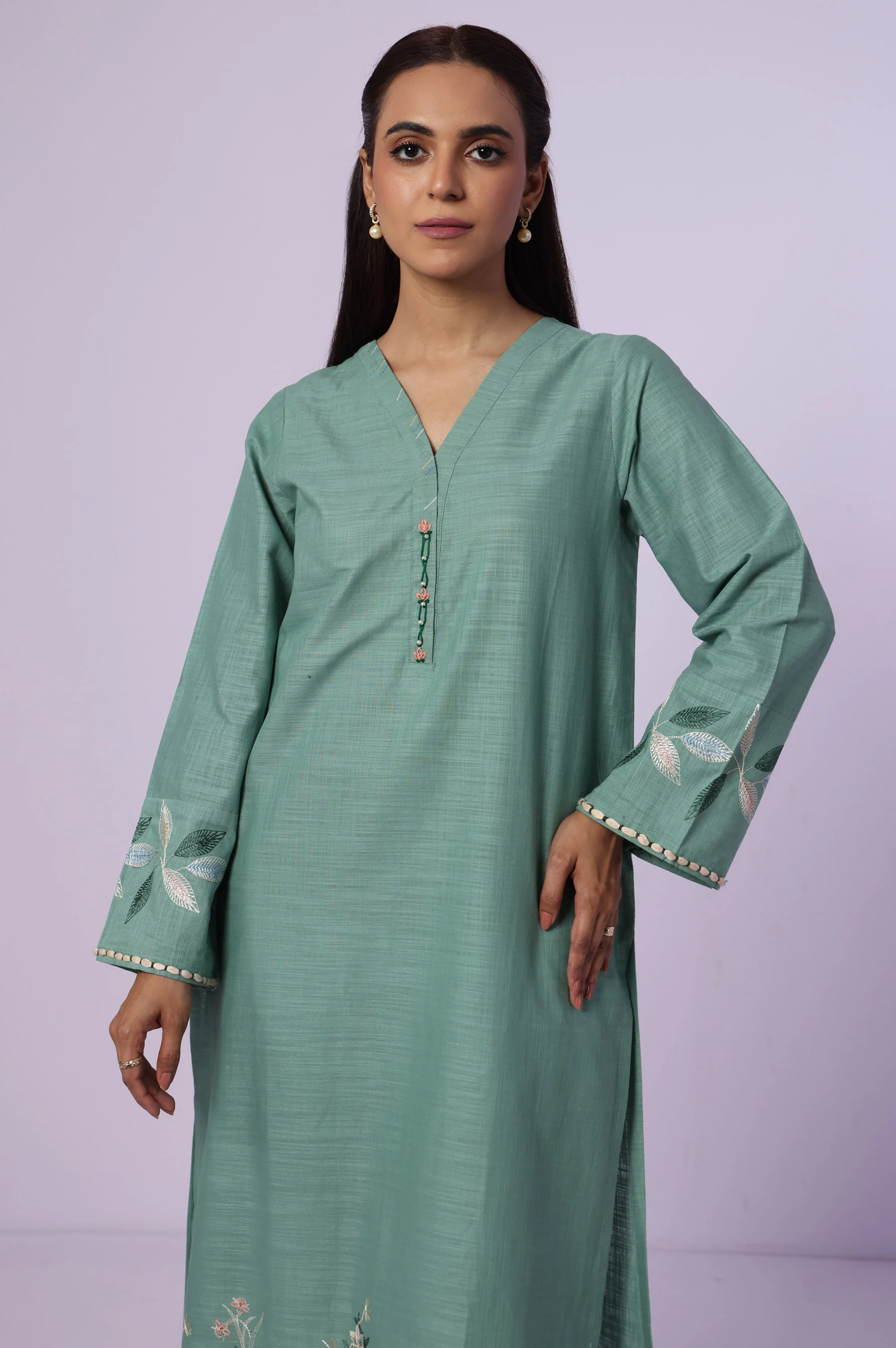 Stitched 1 Piece Embroidered Cotton Slub Shirt - Image 2