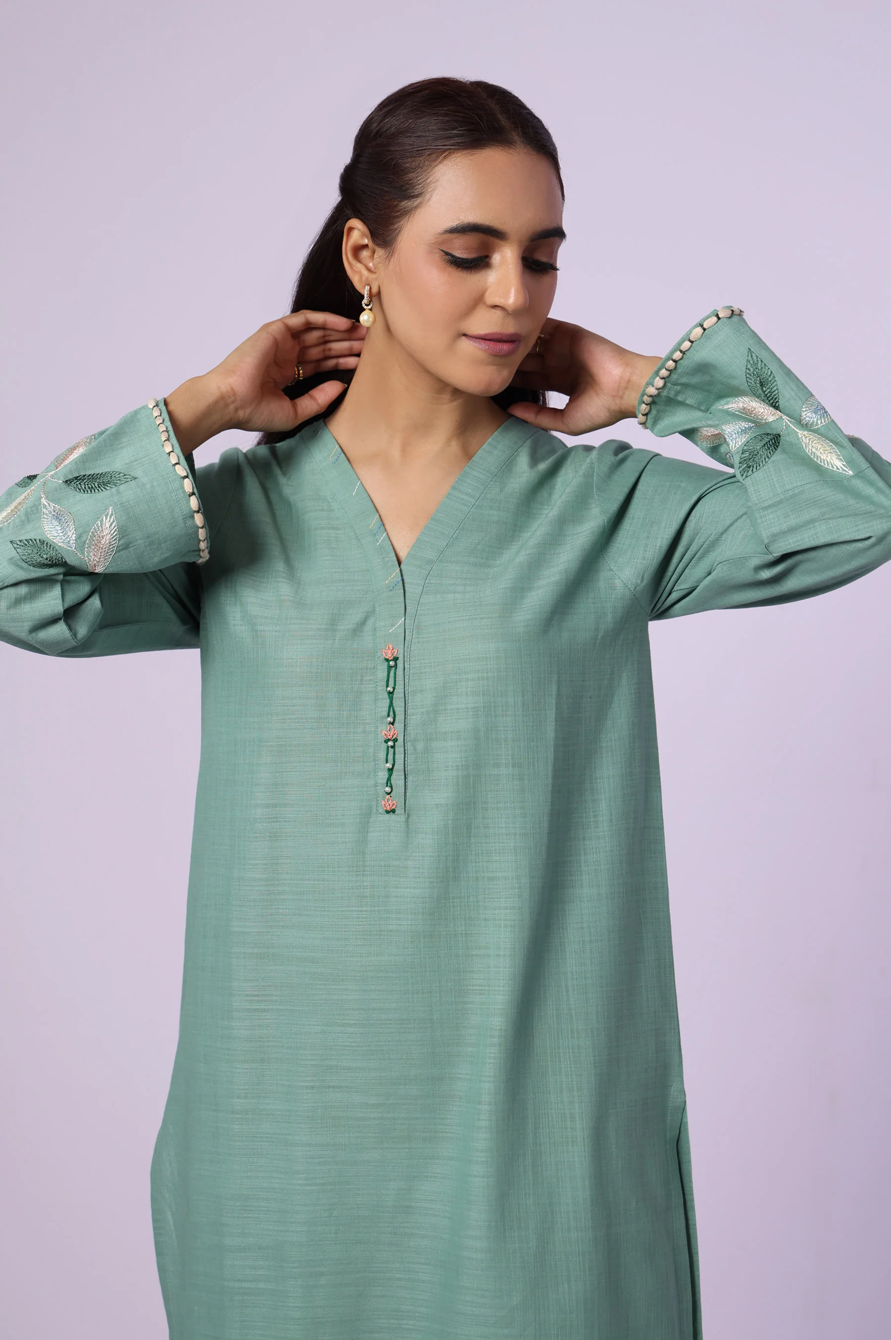 Stitched 1 Piece Embroidered Cotton Slub Shirt - Image 5
