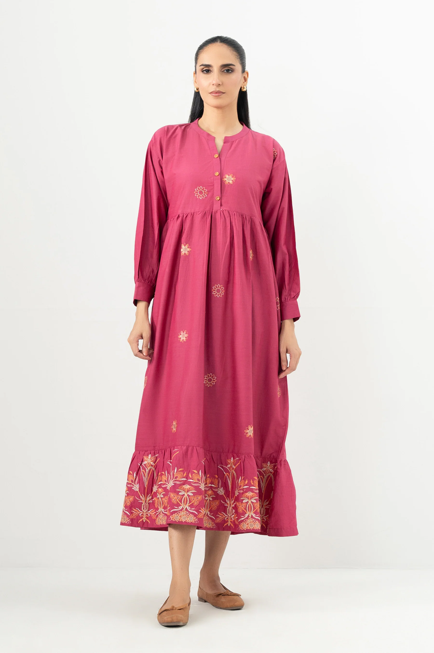 Stitched 1 Piece Embroidered Cotton Viscose Long Dress - Image 2