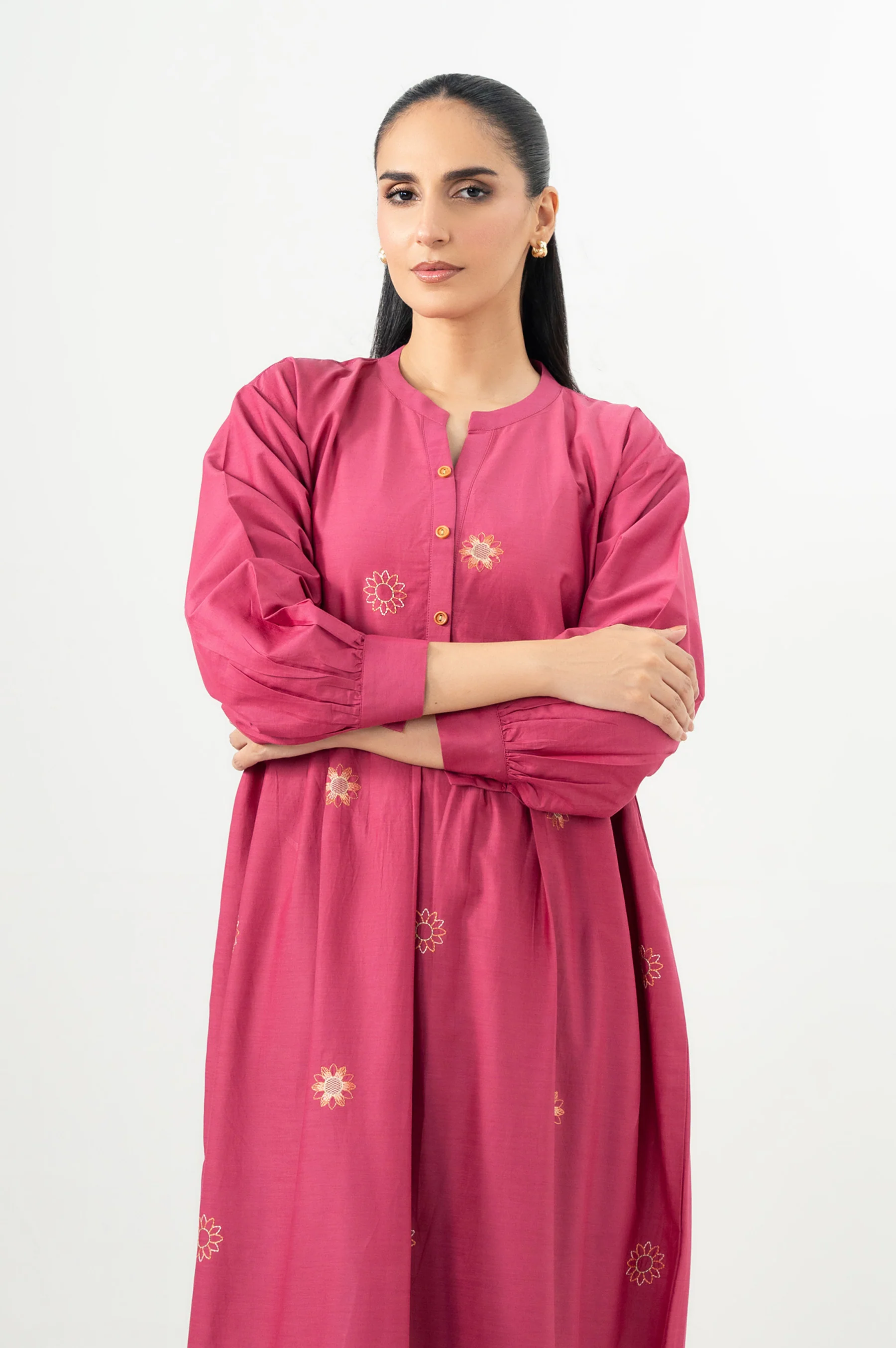 Stitched 1 Piece Embroidered Cotton Viscose Long Dress - Image 6