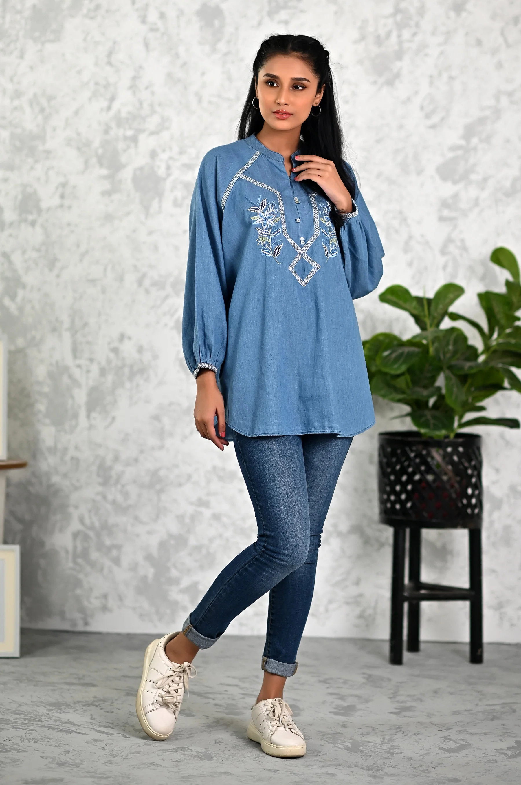 Stitched 1 Piece Embroidered Denim Top