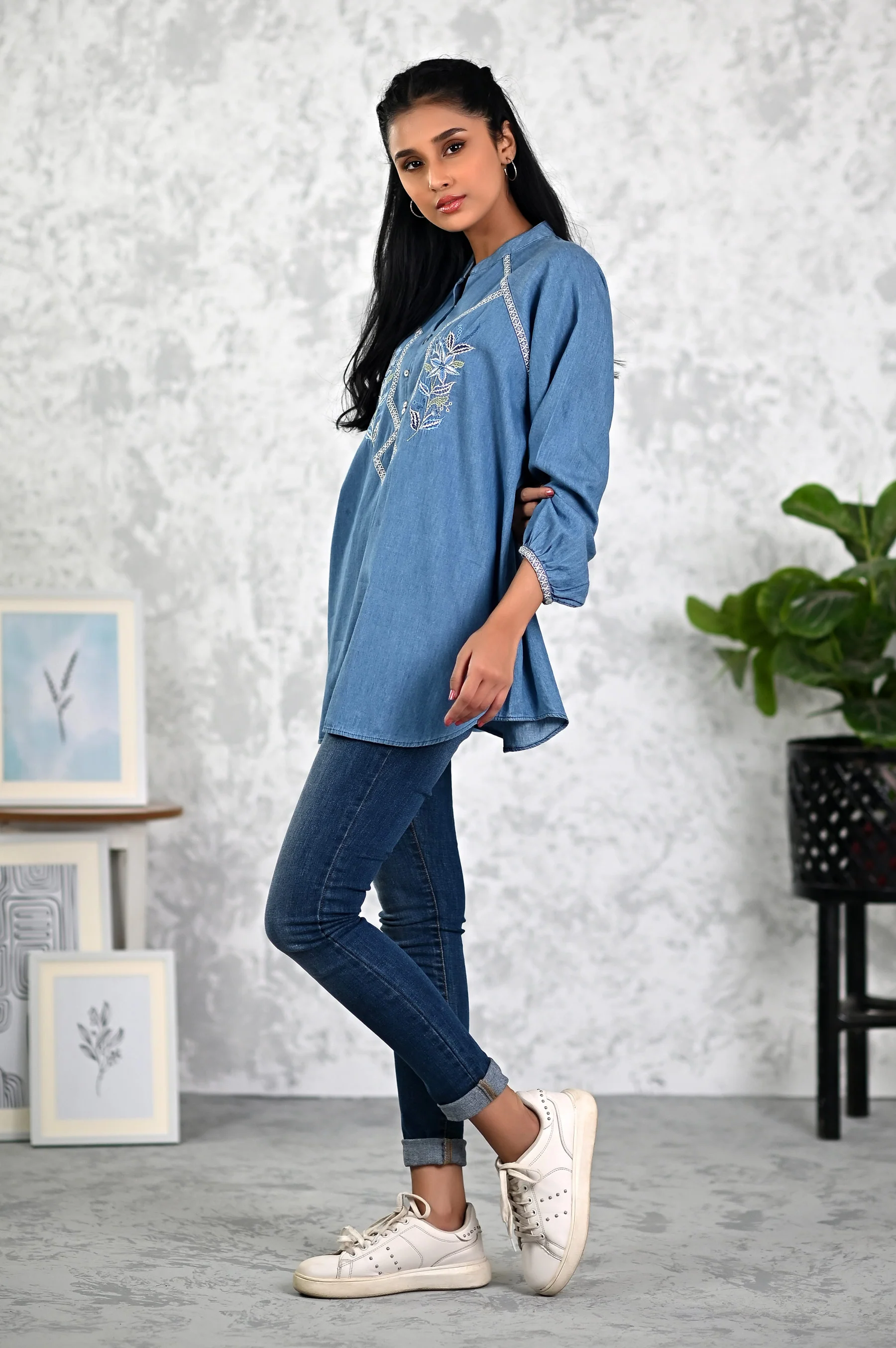 Stitched 1 Piece Embroidered Denim Top - Image 2
