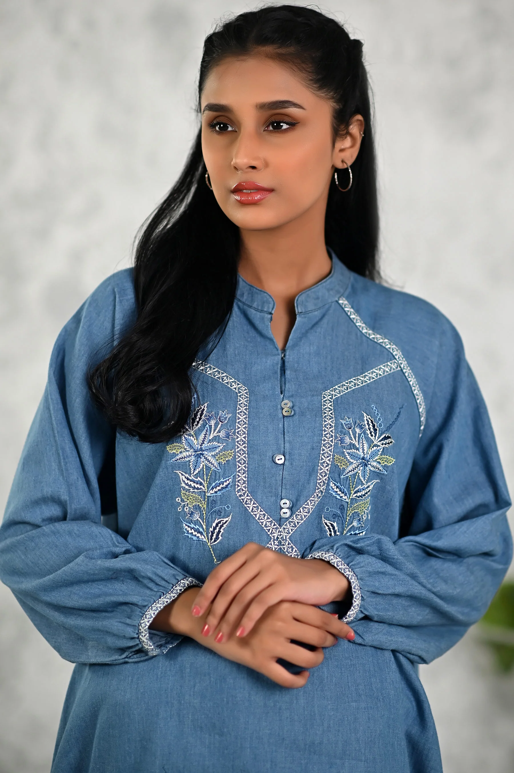 Stitched 1 Piece Embroidered Denim Top - Image 3