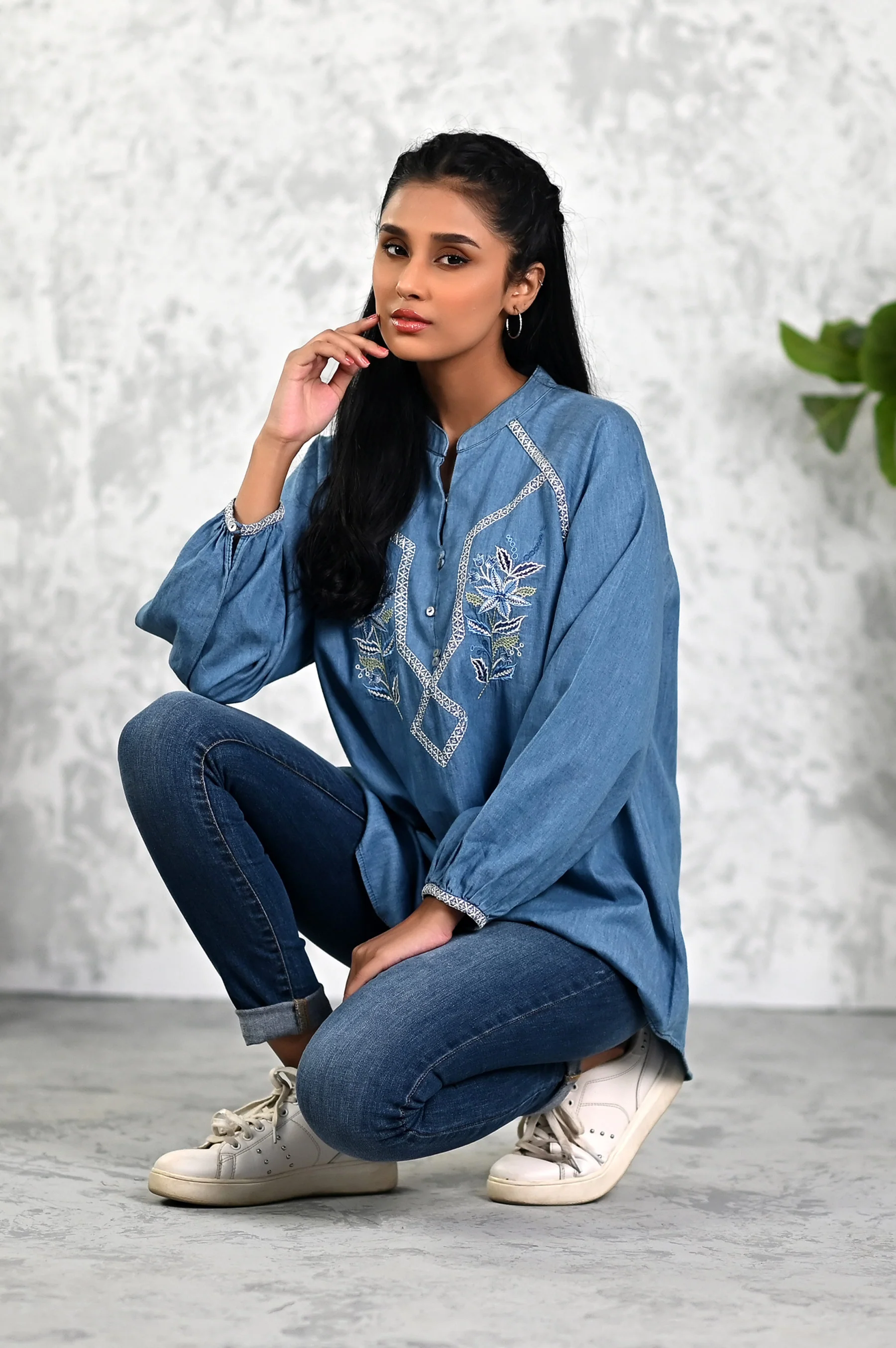 Stitched 1 Piece Embroidered Denim Top - Image 4