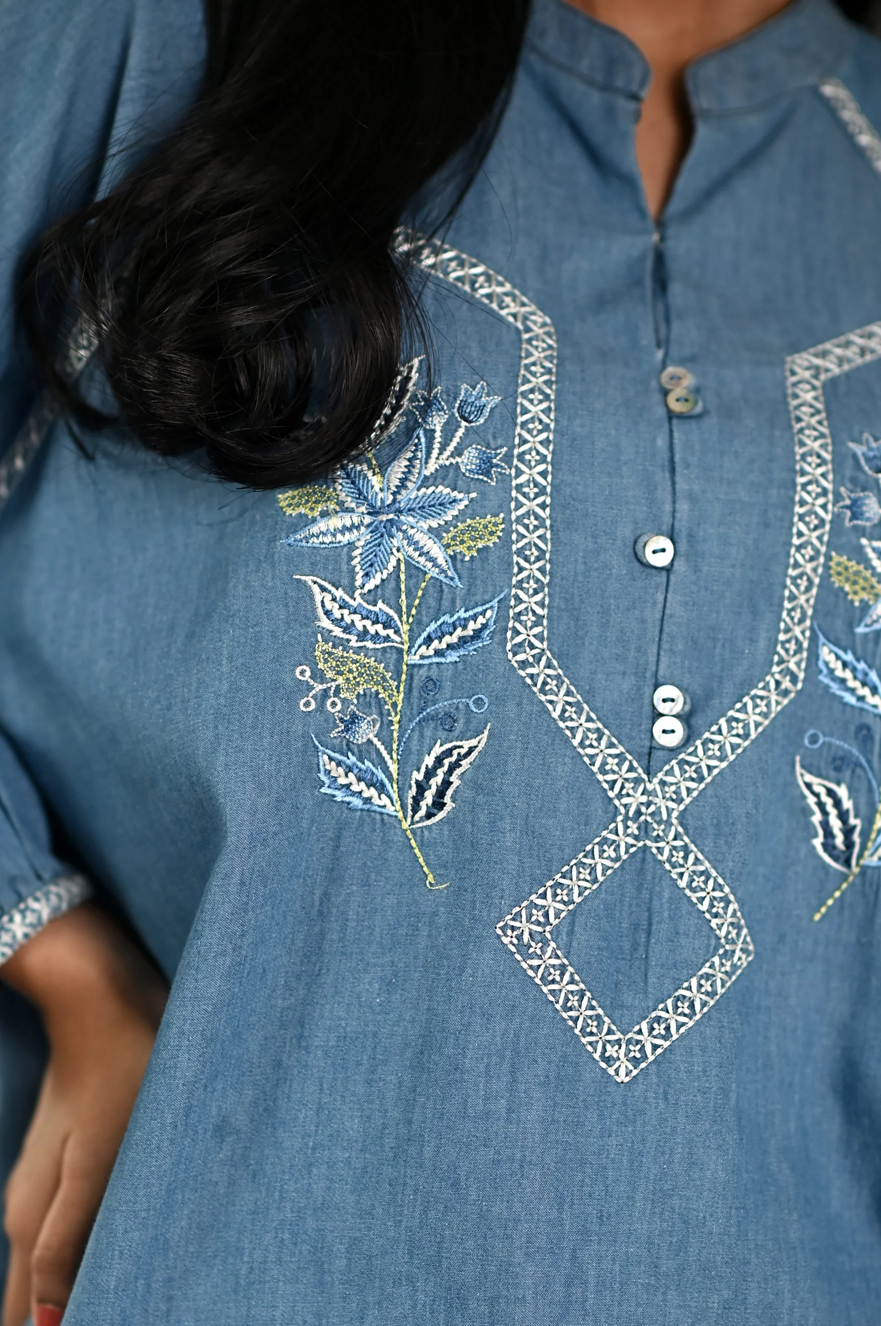 Stitched 1 Piece Embroidered Denim Top - Image 5