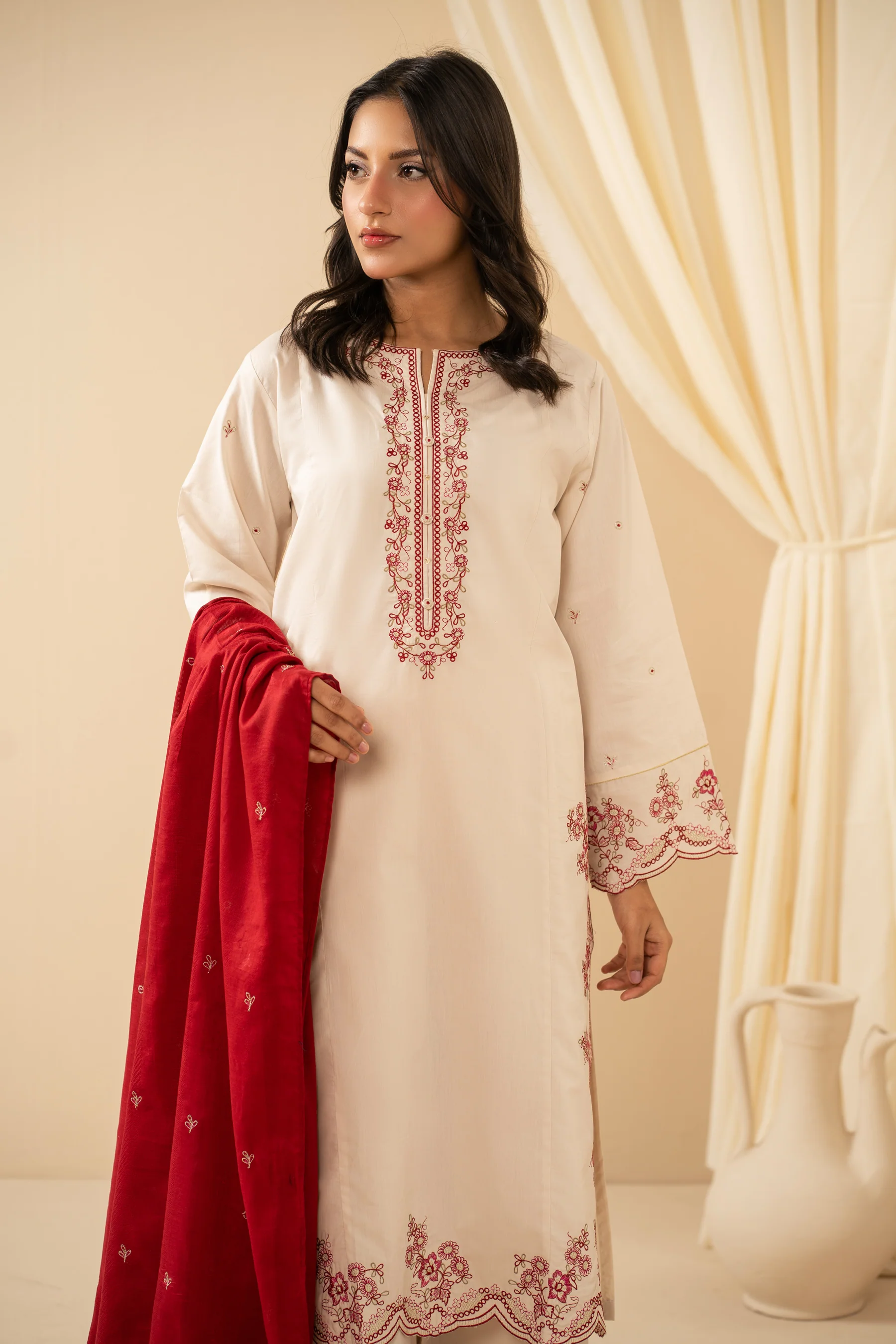 EMBROIDERED COTTON LINEN STITCHED DUPATTA (FACTORY E-OUTLET) - Image 4