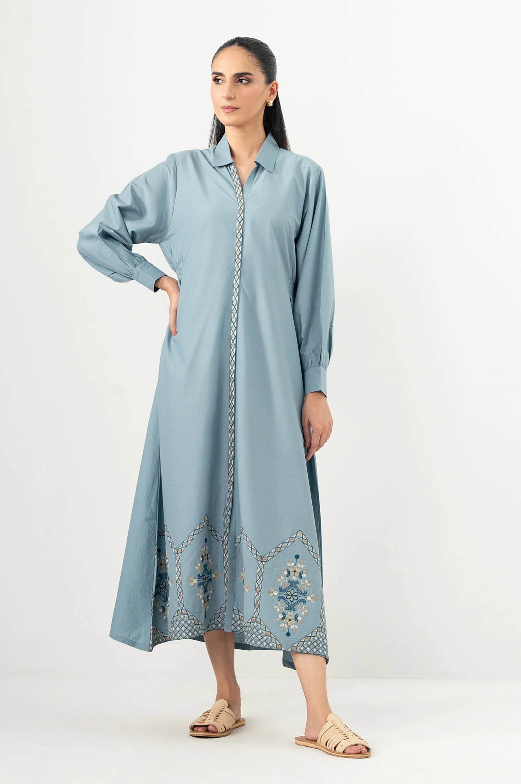 Stitched 1 Piece Embroidered Irish Cotton Viscose Long Dress - Image 5
