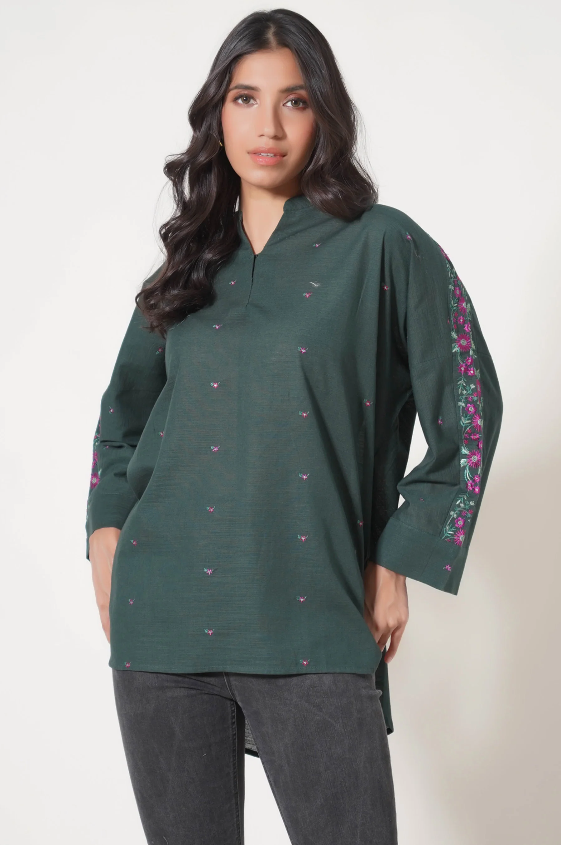 Stitched 1 Piece Embroidered Khaddar Fusion Top - Image 2