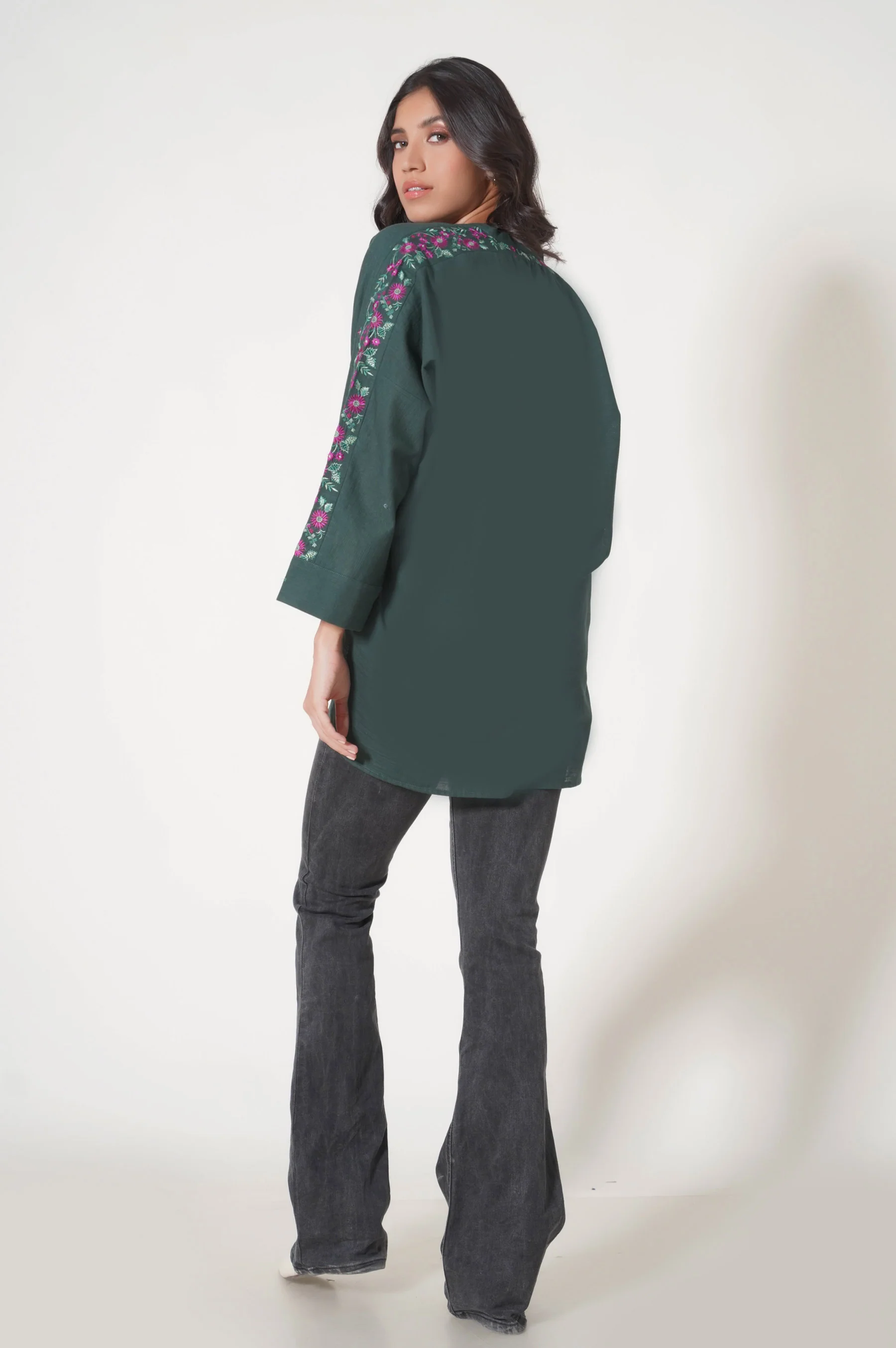 Stitched 1 Piece Embroidered Khaddar Fusion Top - Image 4