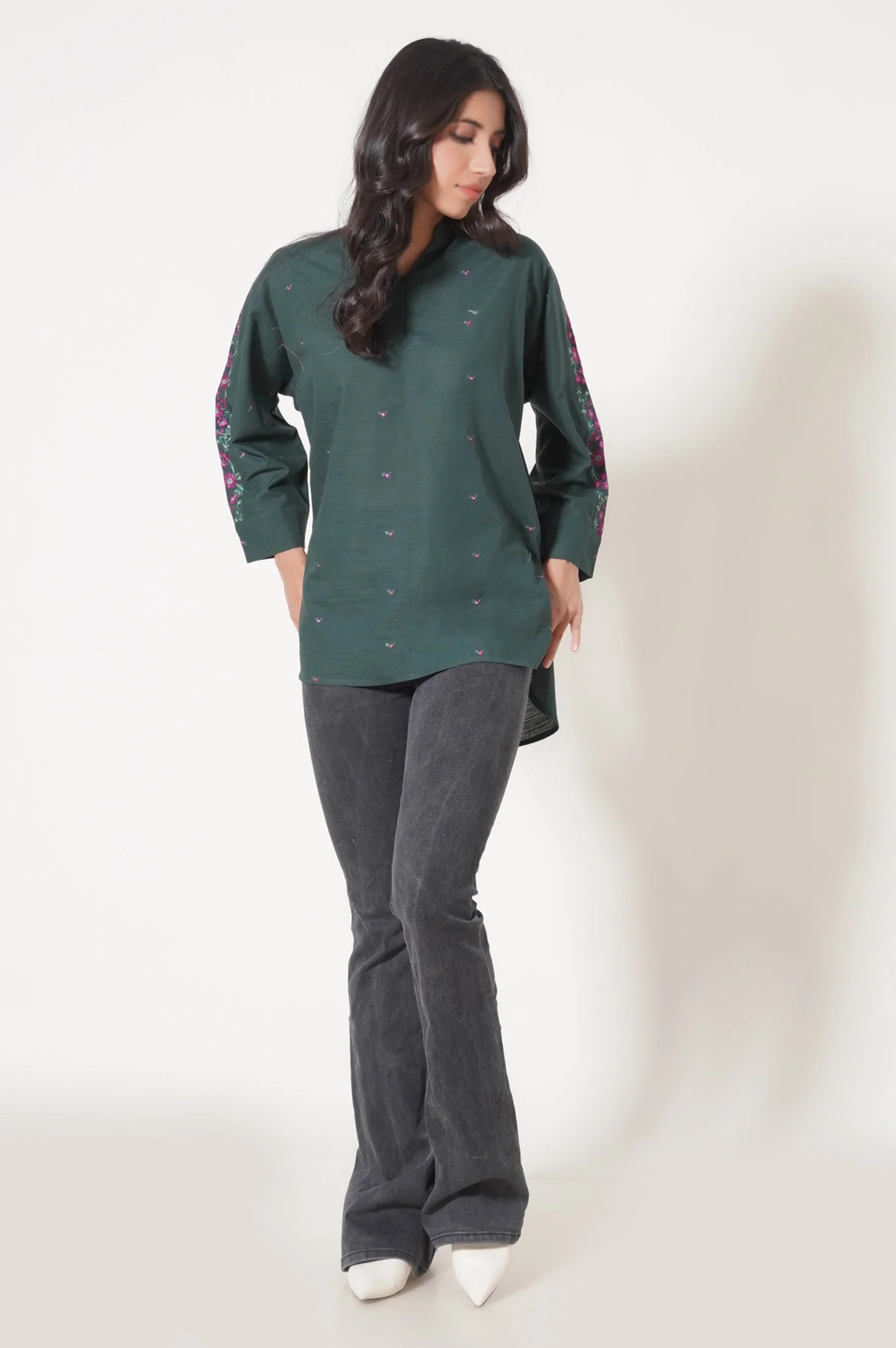 Stitched 1 Piece Embroidered Khaddar Fusion Top - Image 5
