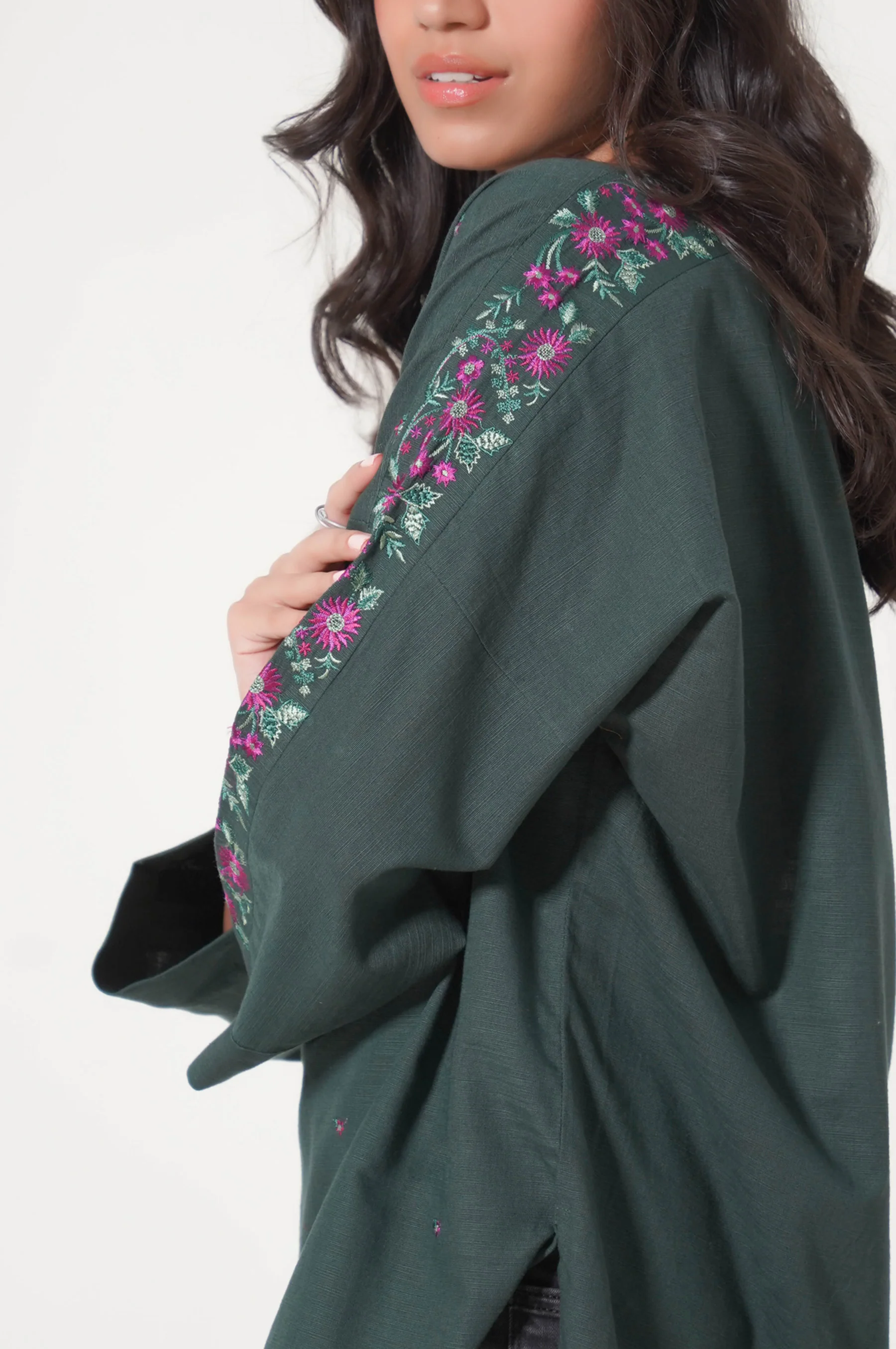 Stitched 1 Piece Embroidered Khaddar Fusion Top - Image 6
