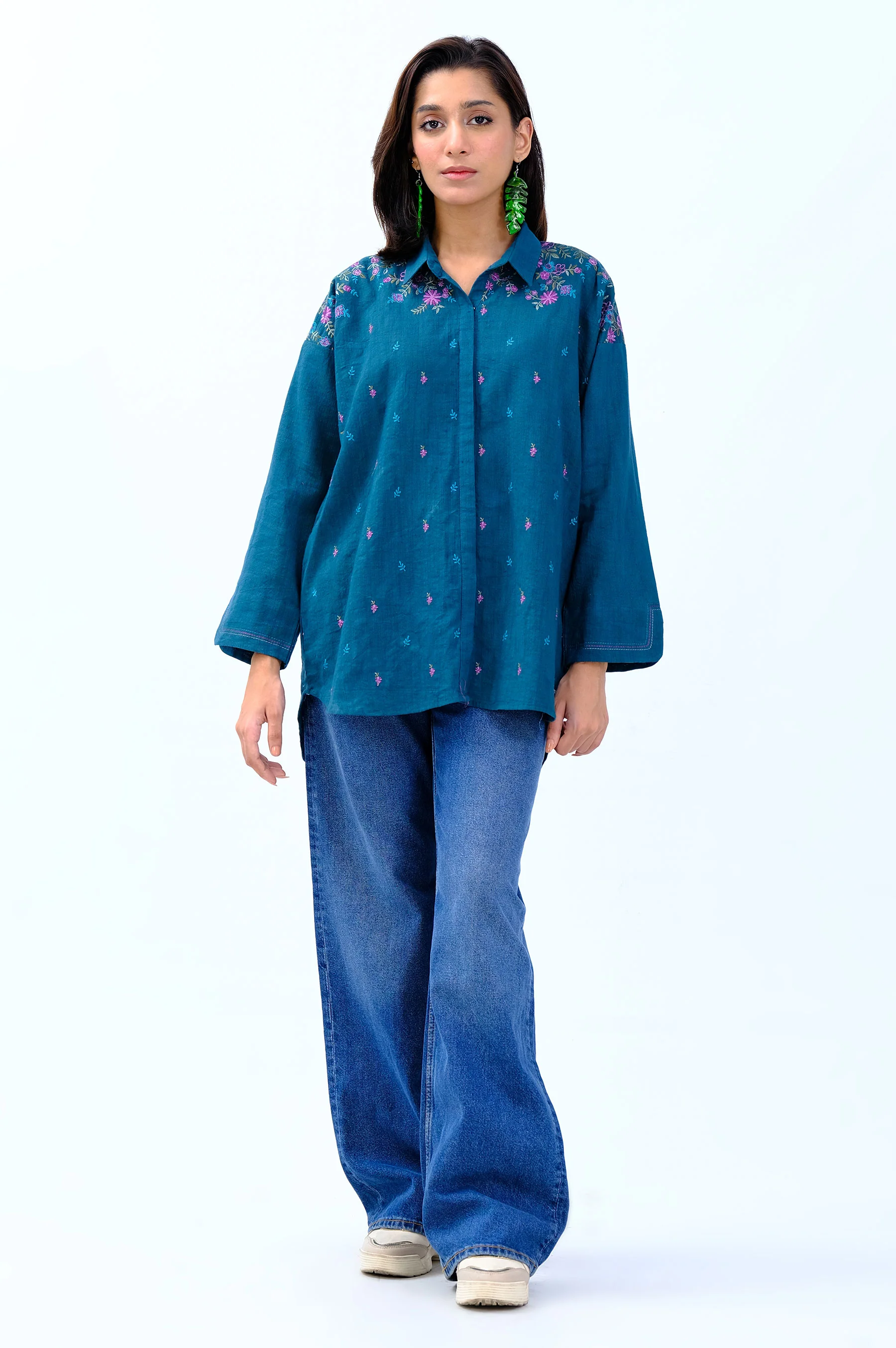 Stitched 1 Piece Embroidered Khaddar Fusion Top - Image 2