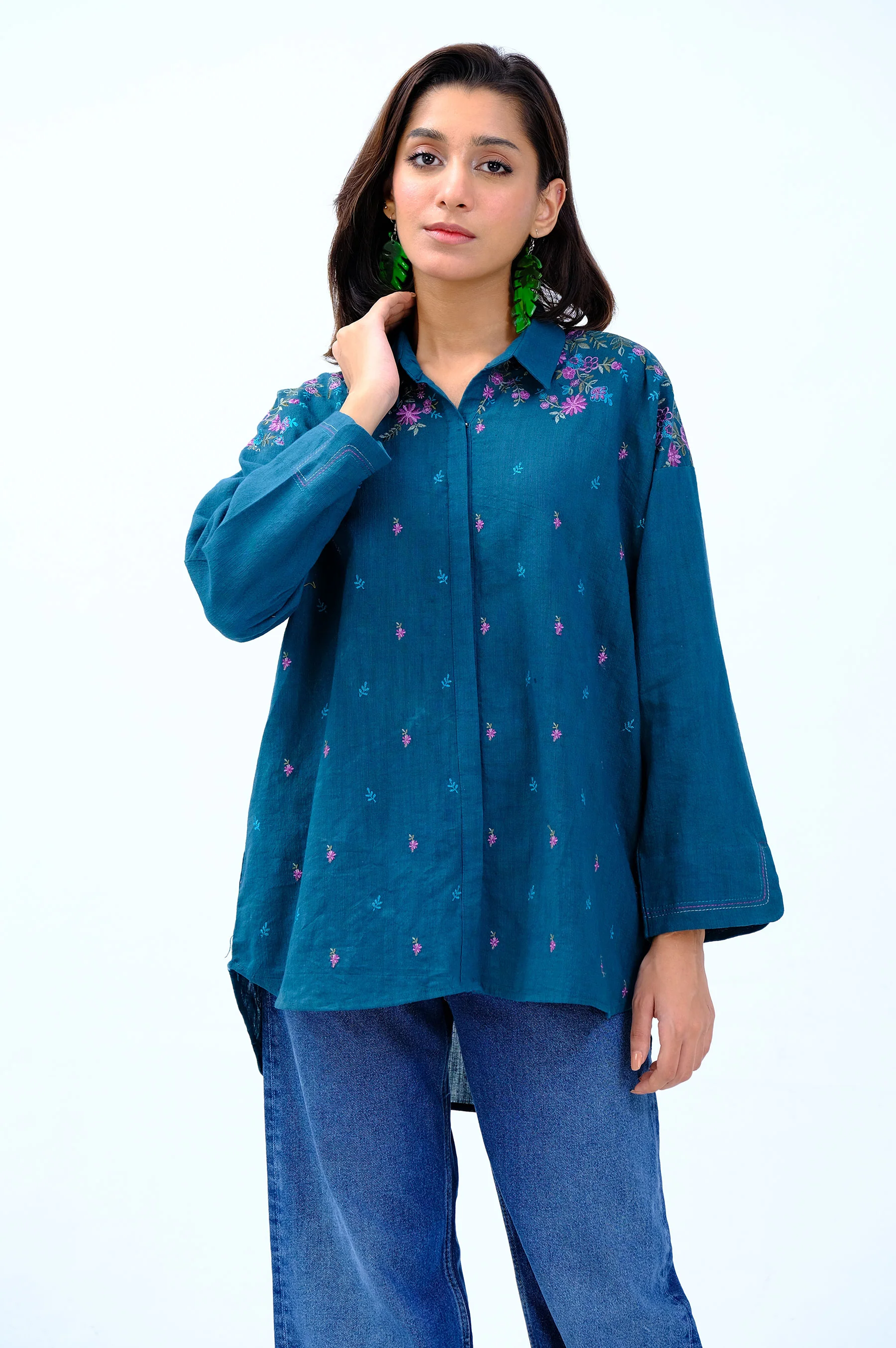Stitched 1 Piece Embroidered Khaddar Fusion Top - Image 6