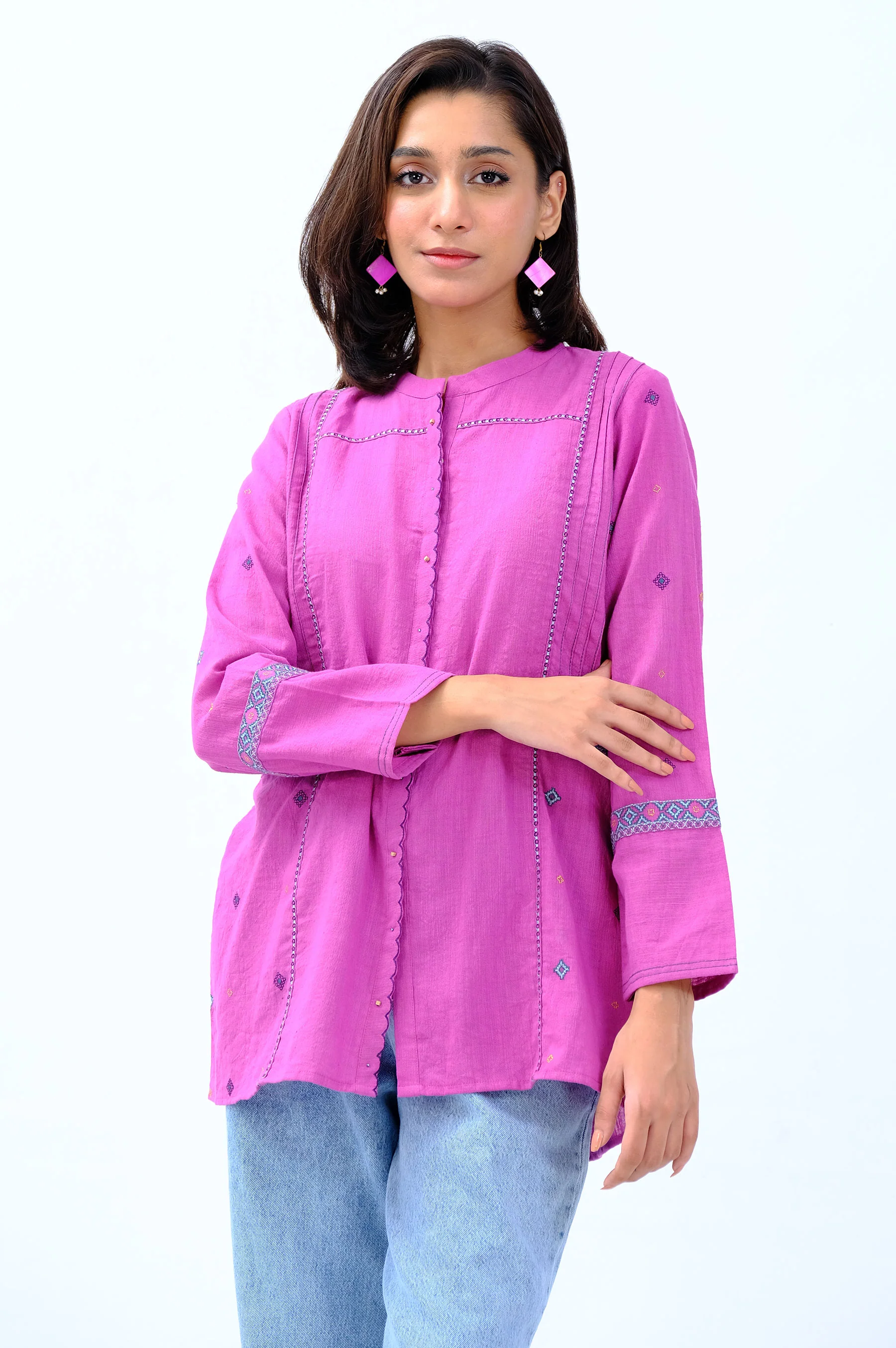 Stitched 1 Piece Embroidered Khaddar Fusion Top - Image 4