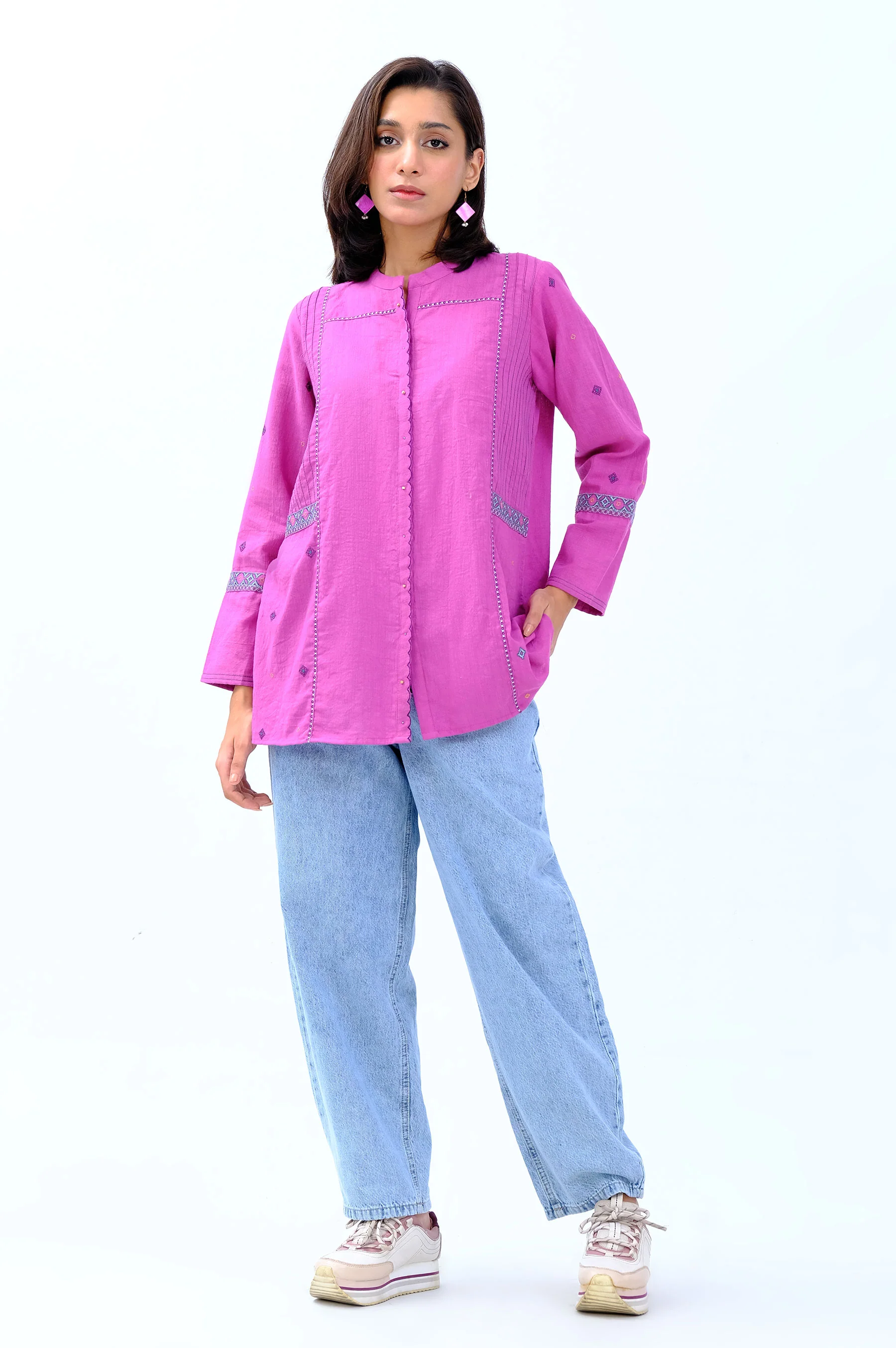Stitched 1 Piece Embroidered Khaddar Fusion Top - Image 5