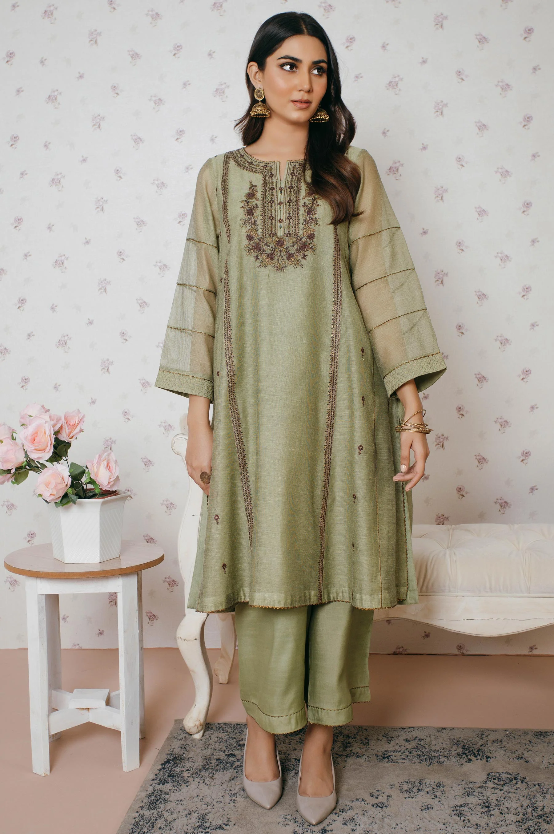 Stitched 1 Piece Khaddi Net Embroidered Shirt - Image 2